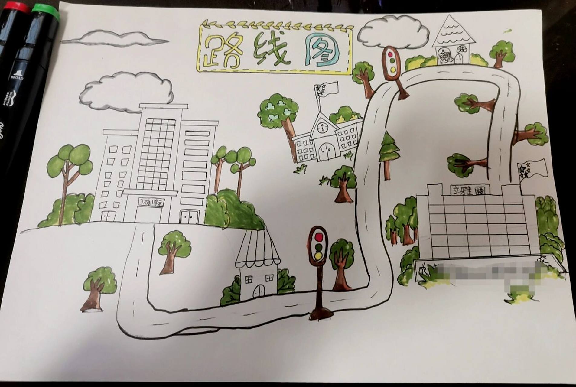 还在赶寒假作业98家到学校的路线图 二年级的小朋友自己画的 后天就