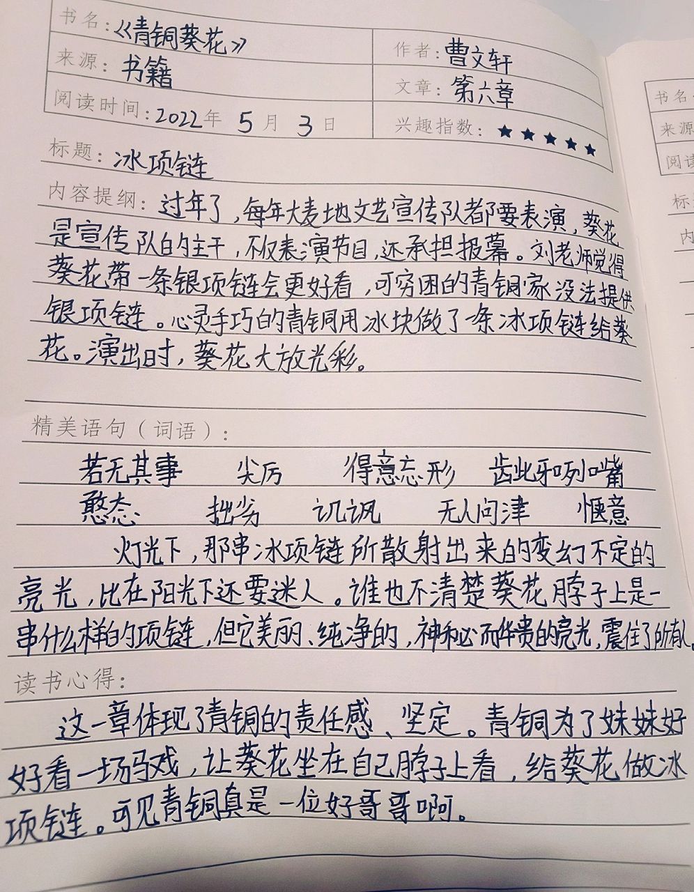 青铜葵花第六章——冰项链 读书笔记 ,求点赞