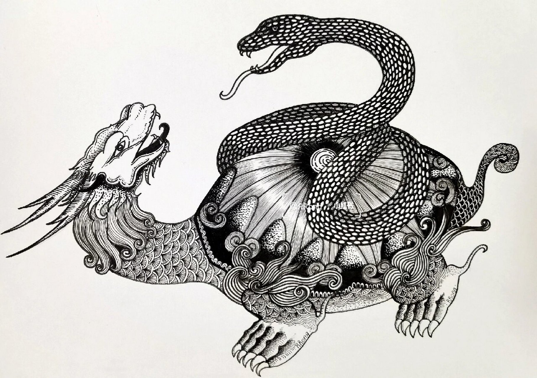 线描 山海经异兽·玄武(4) 线描原创  山海经  玄武 素材参考 @&旧梦