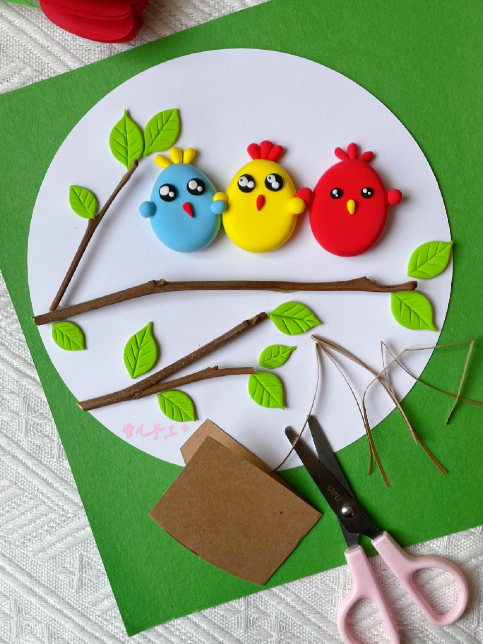 春天主题粘土手工画,春天里的小鸟