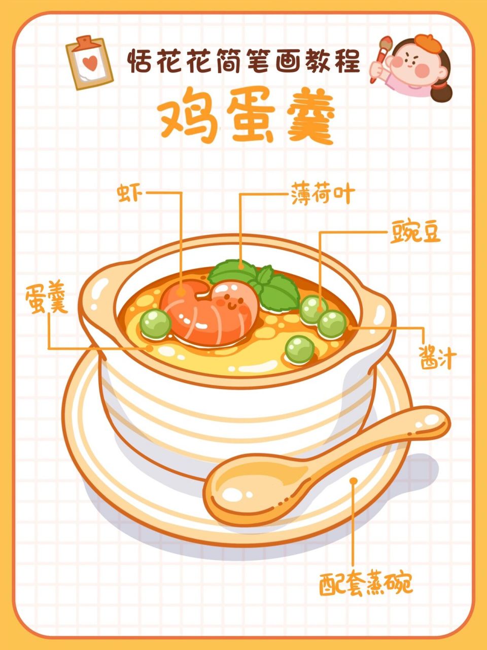 原创美食插画78家常菜系 | 鸡蛋羹简笔画教程 恬花花简笔画小课堂第