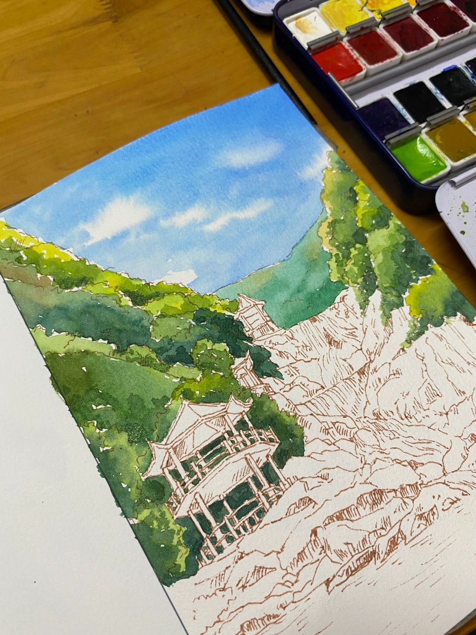 手绘惠州明信片系列之南昆山——水彩步骤图 原创手绘明信片——惠州