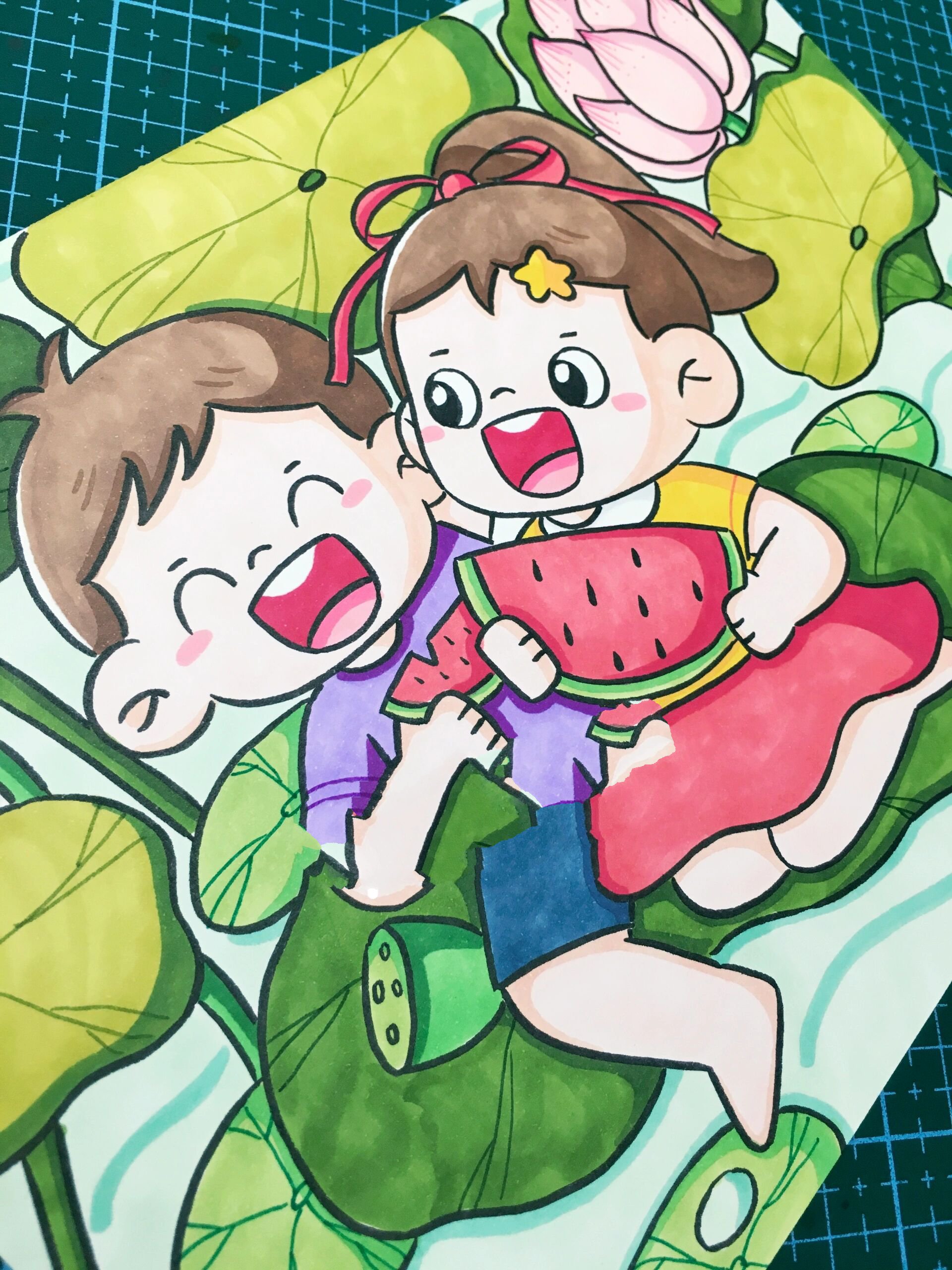 儿童画 幼师考编 夏日池塘吃西瓜主题画