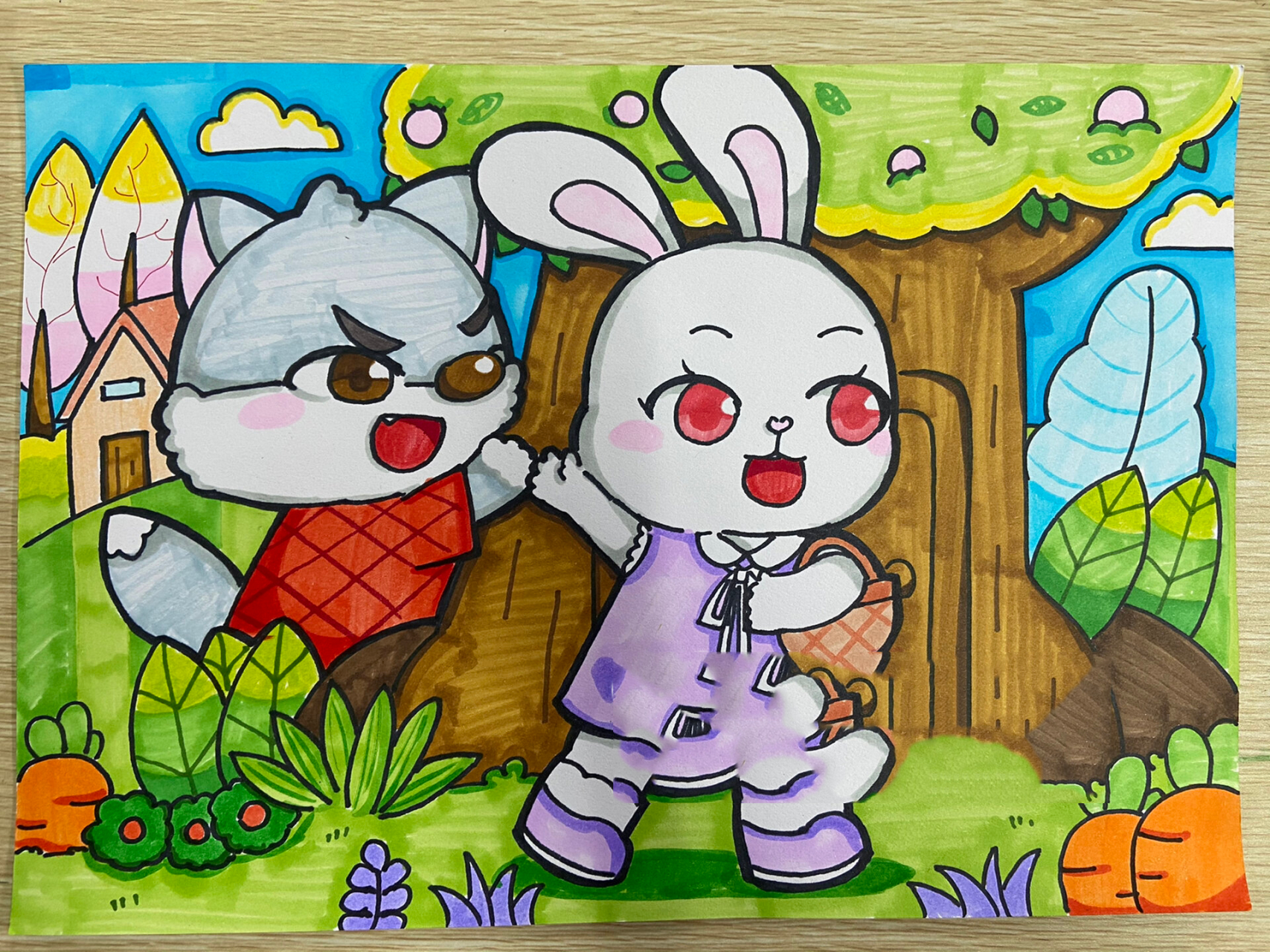 动物儿童画《大灰狼与小白兔》 翻找照片的时候看到了放假前孩子们