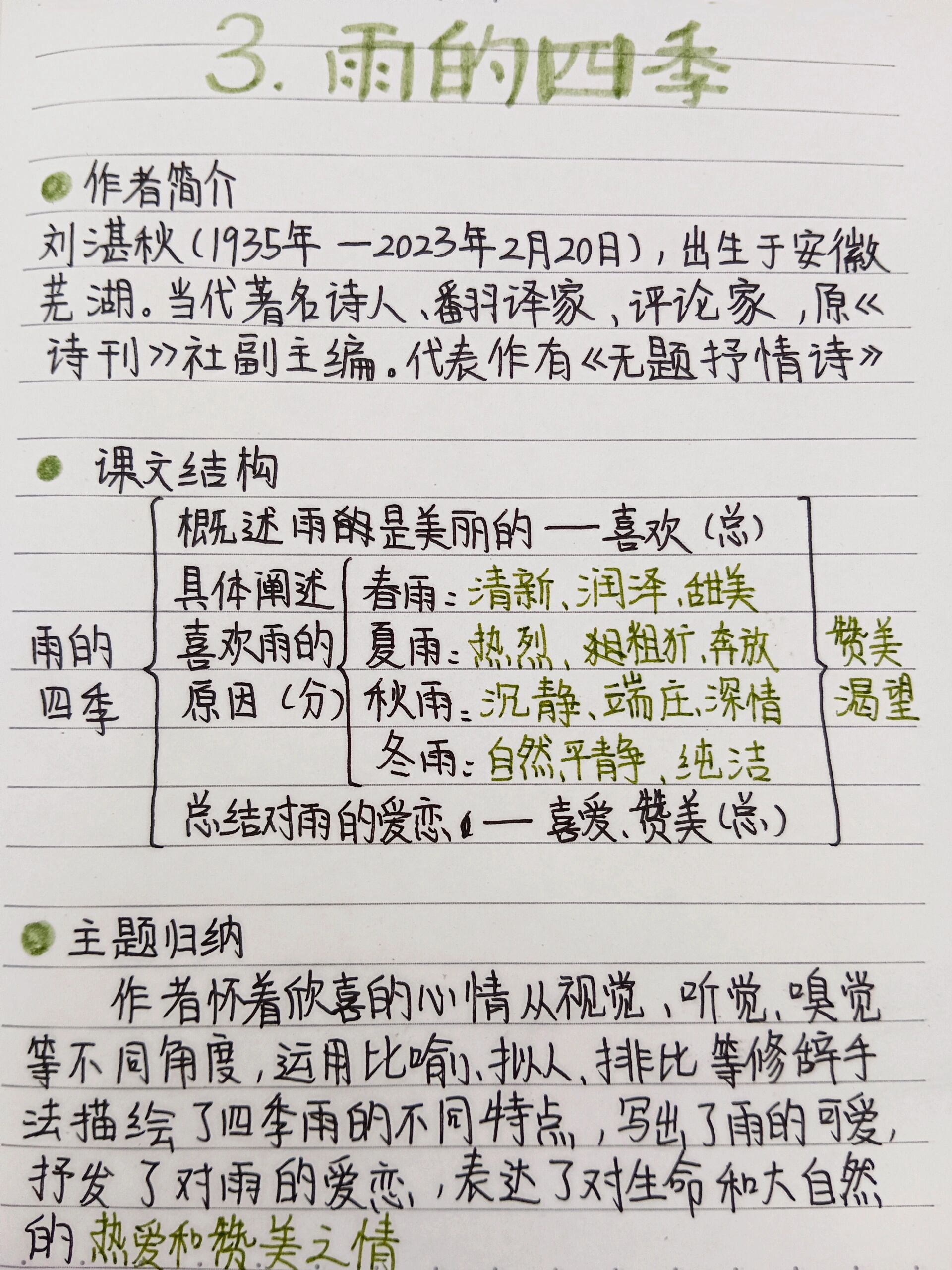 七上《雨的四季》预习笔记 七上《雨的四季》预习笔记