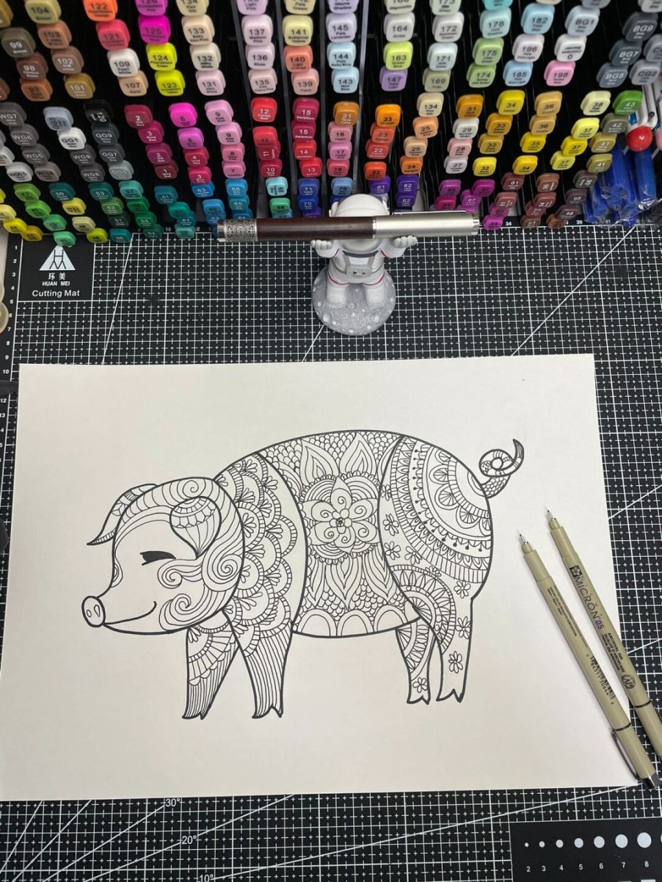 猪99|黑白装饰画|含步骤 后面都是步骤哦,可临摹 针管笔必备 #绘画