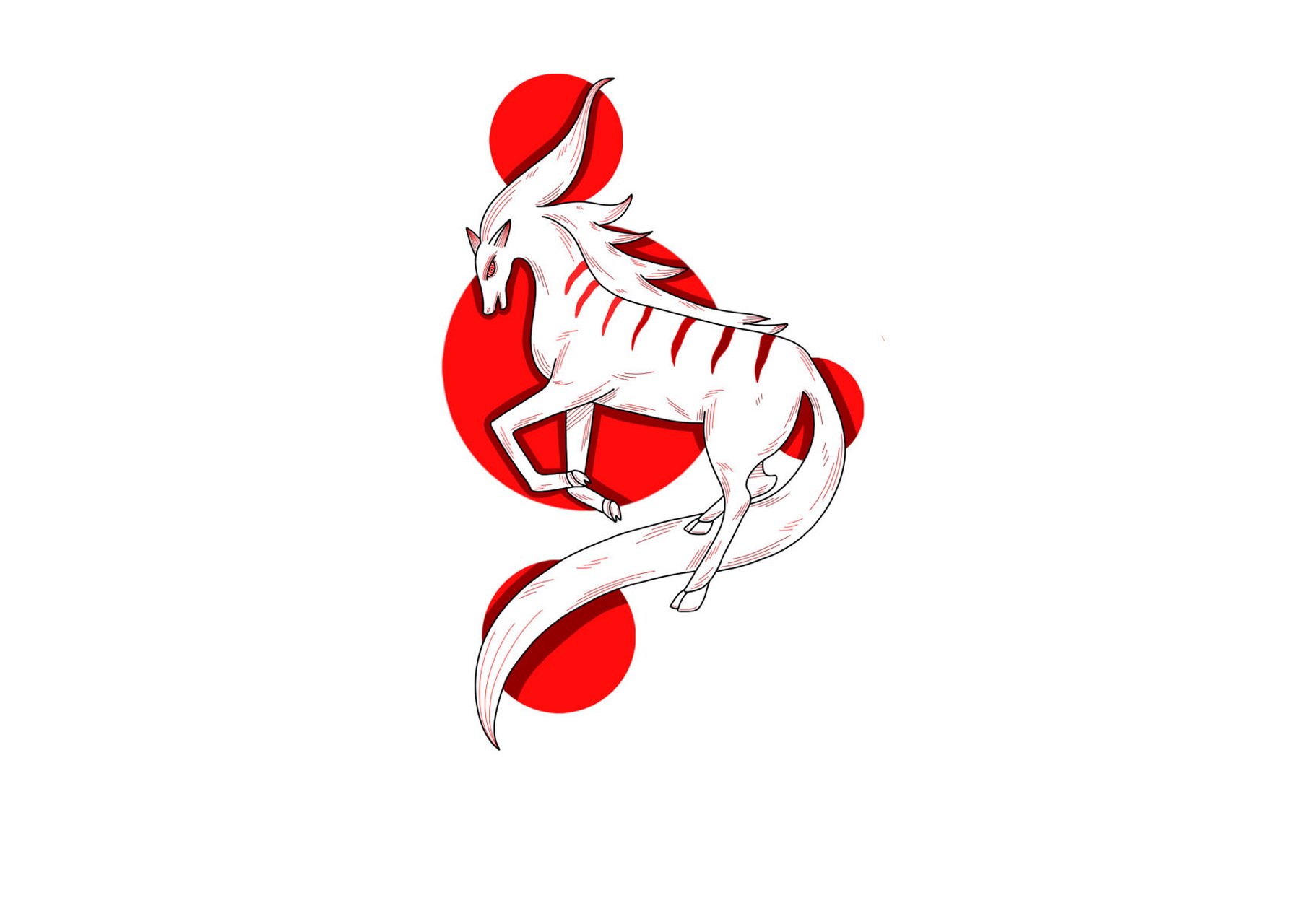 山海经异兽插图(二) 图一:九尾狐 青丘之山,有兽焉,其状如狐而九尾,其