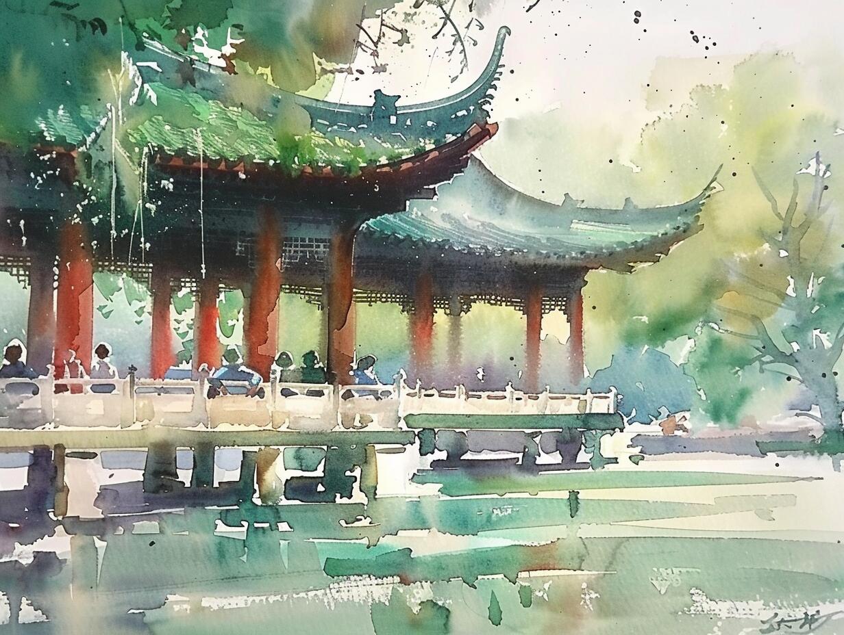 ai水彩|静谧园林水榭