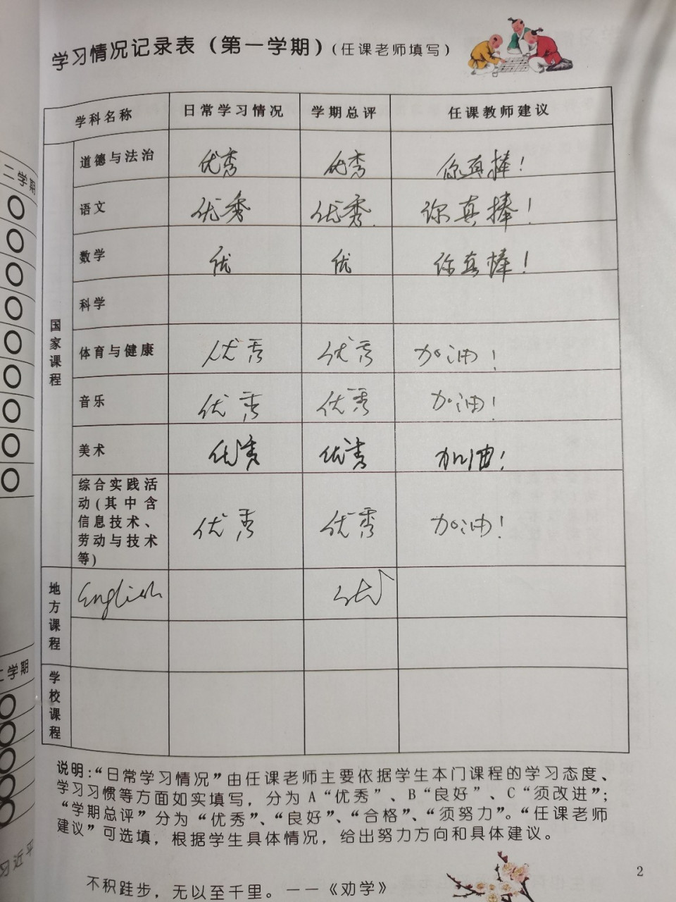 小学生综合素质评价记录手册 一年级第一学期