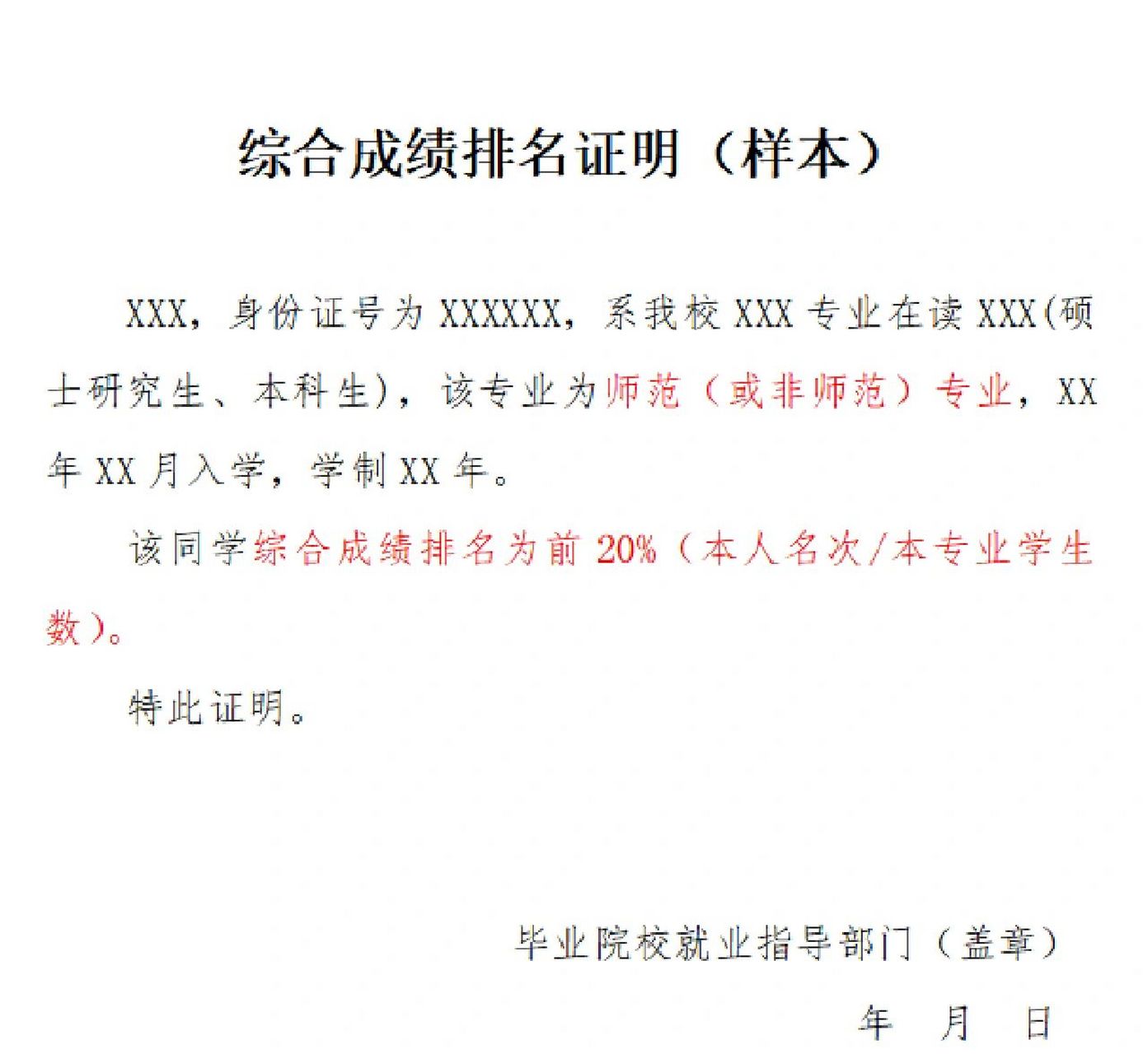教师招聘考试(6份证明样本) 1,应届毕业生证明(样本) 2,综合成绩排名