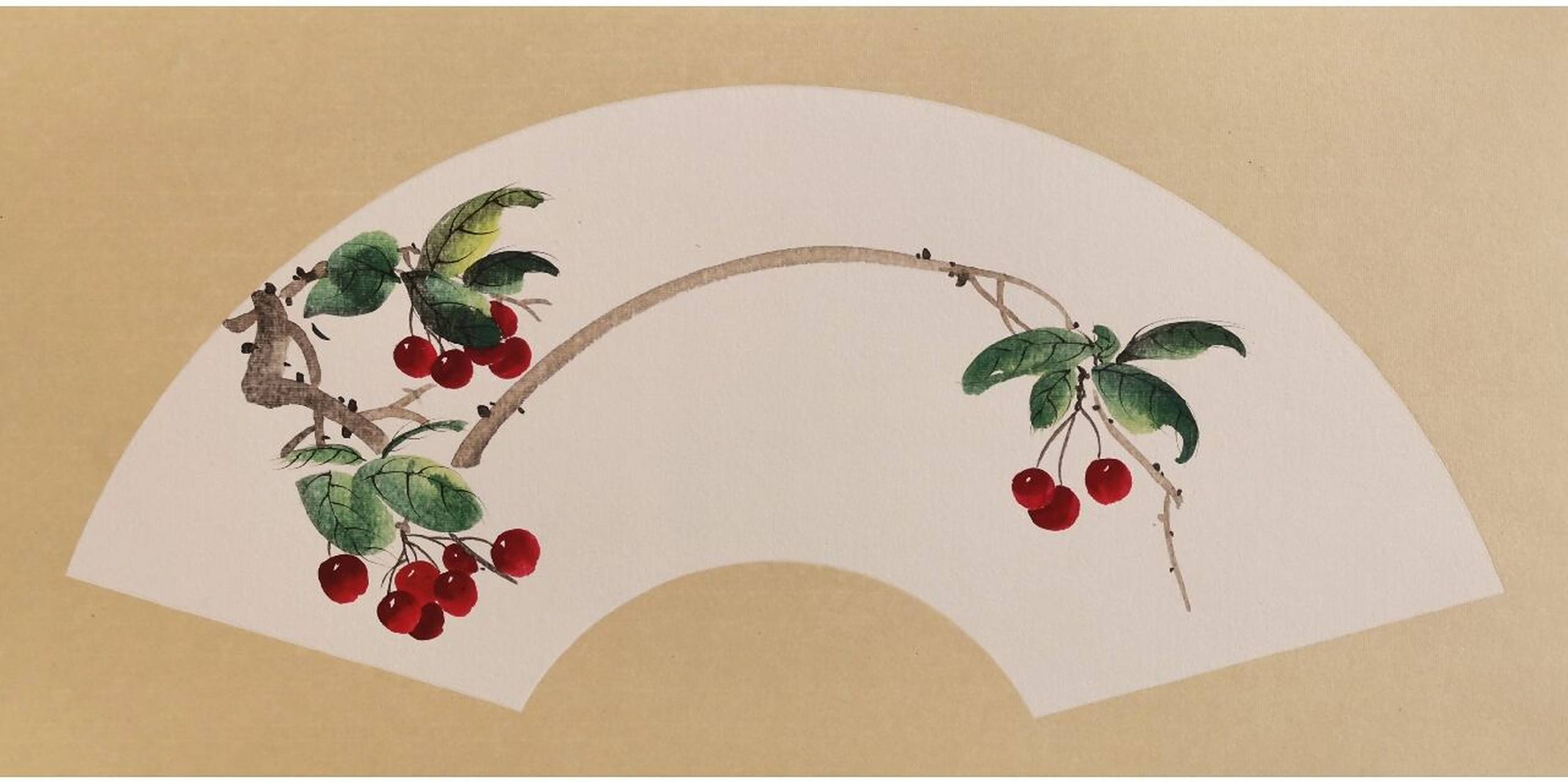 国画扇面 写意樱桃 兰花 梅花组合