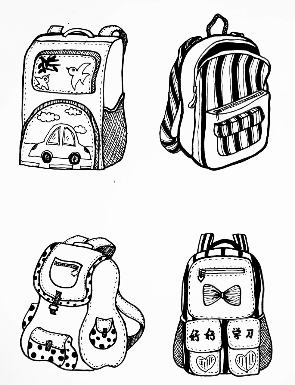 简笔画  线描画  素材|线描书包 适合年龄 适合6——9岁的小朋友 教学