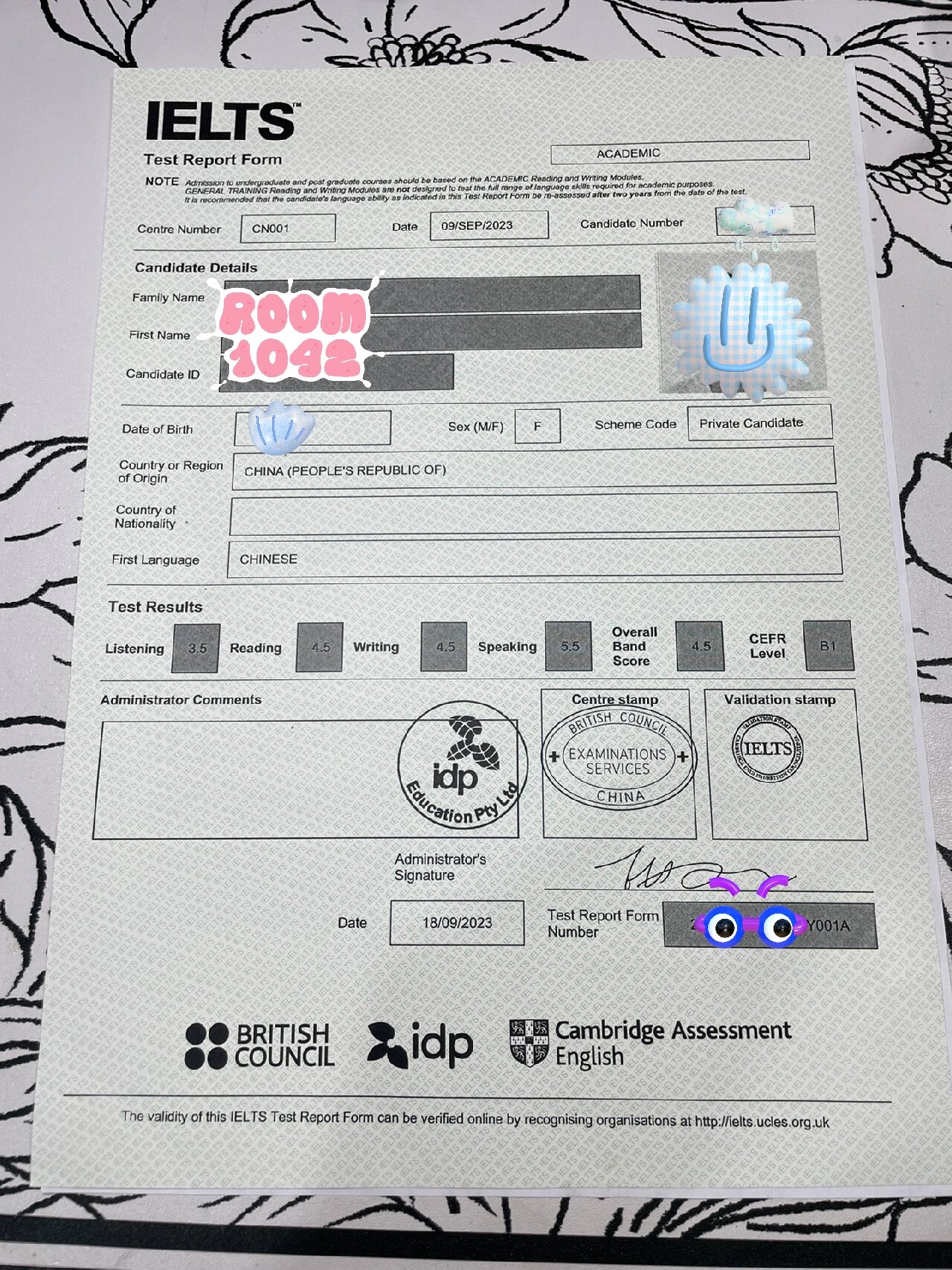 雅思纸质成绩单