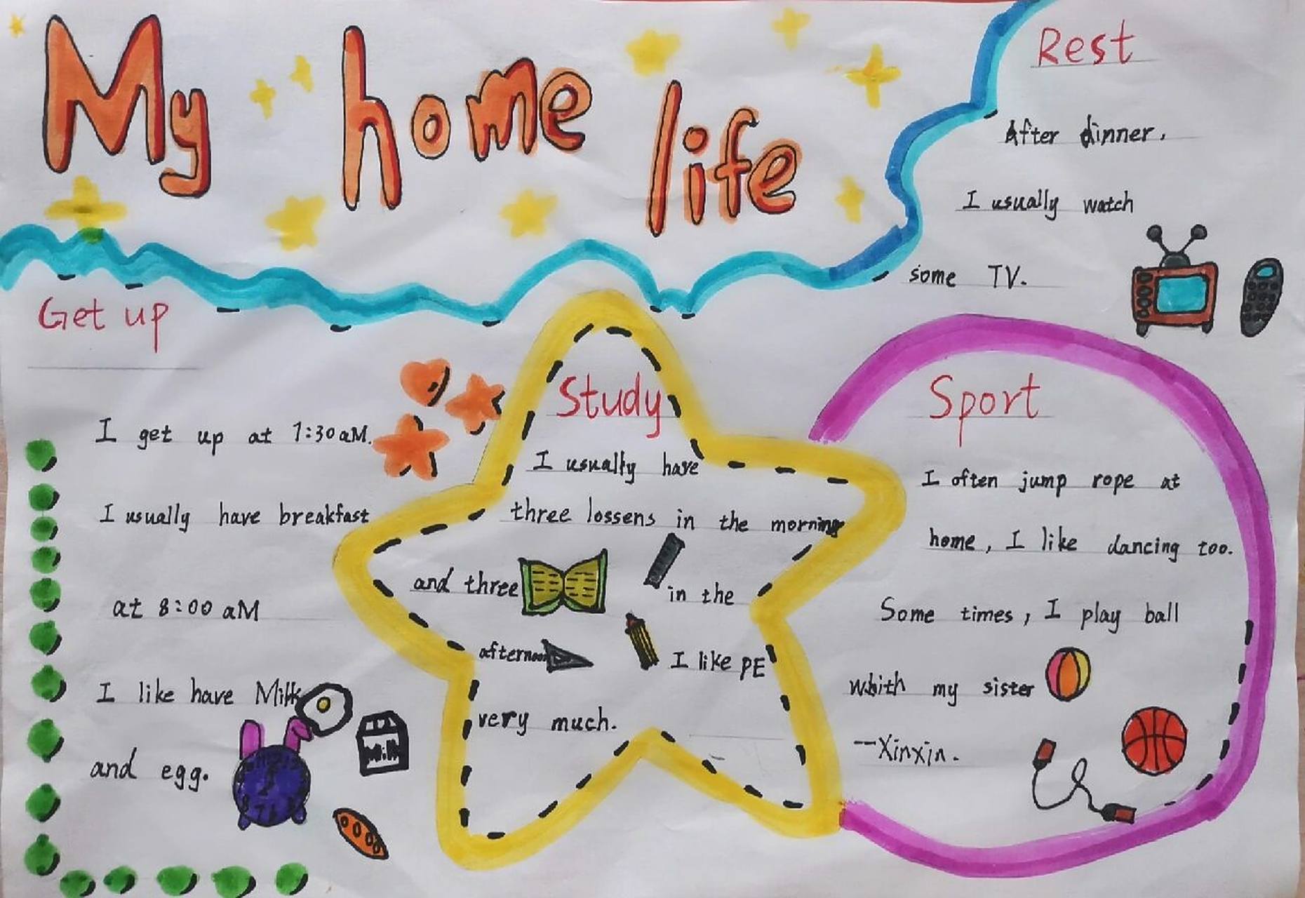 四年级英语小报my home life 今天来我家写作文,告诉我她上次的英语