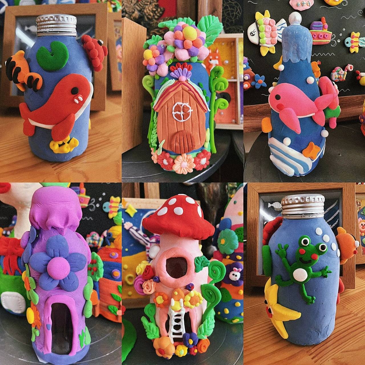 小学生粘土小瓶子手工     八到九岁学生作品 材料工具:超轻粘土(市面