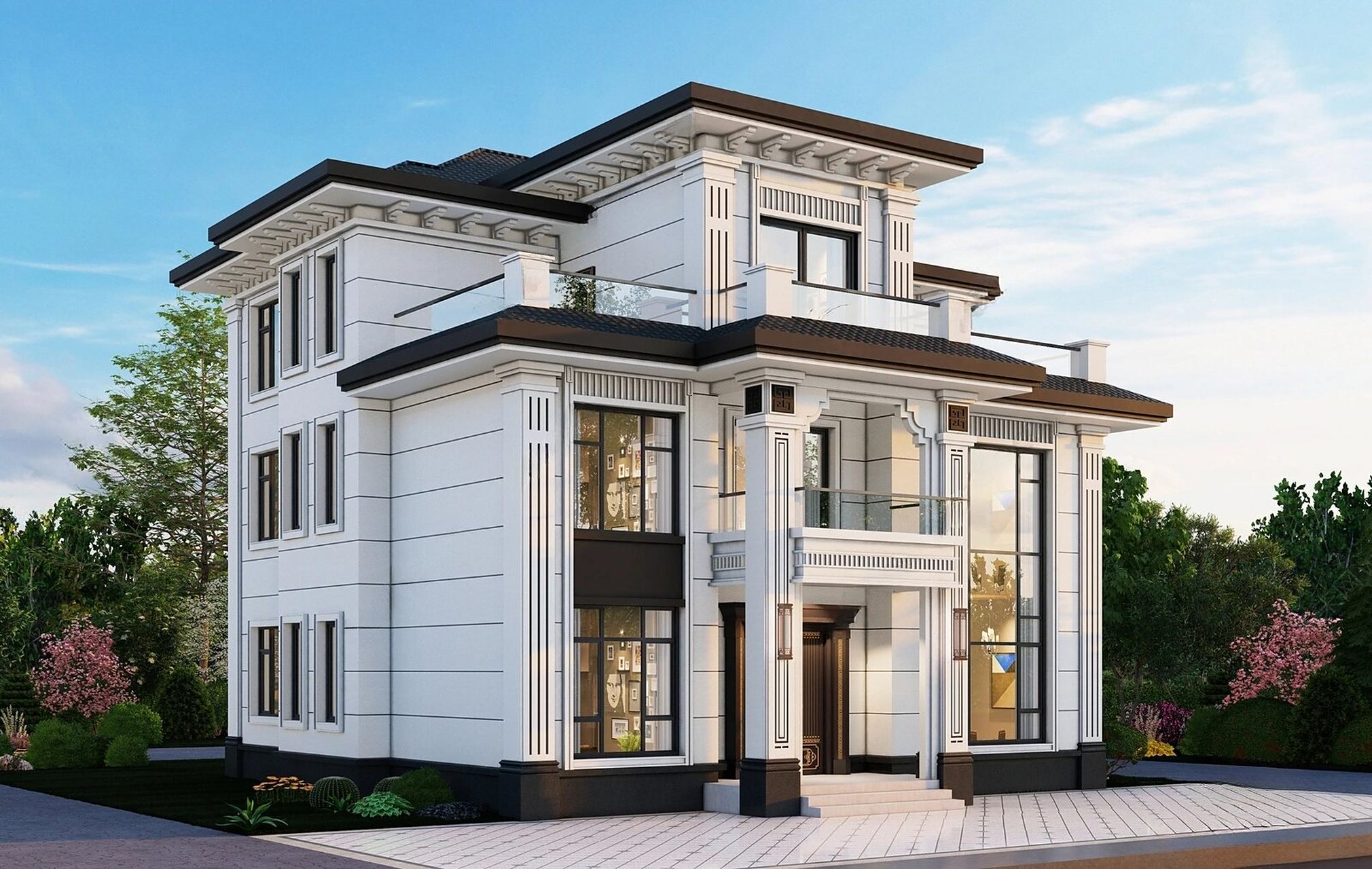 别墅自建房外墙效果图设计 欧式别墅外墙效果图设计,新中式别墅外墙