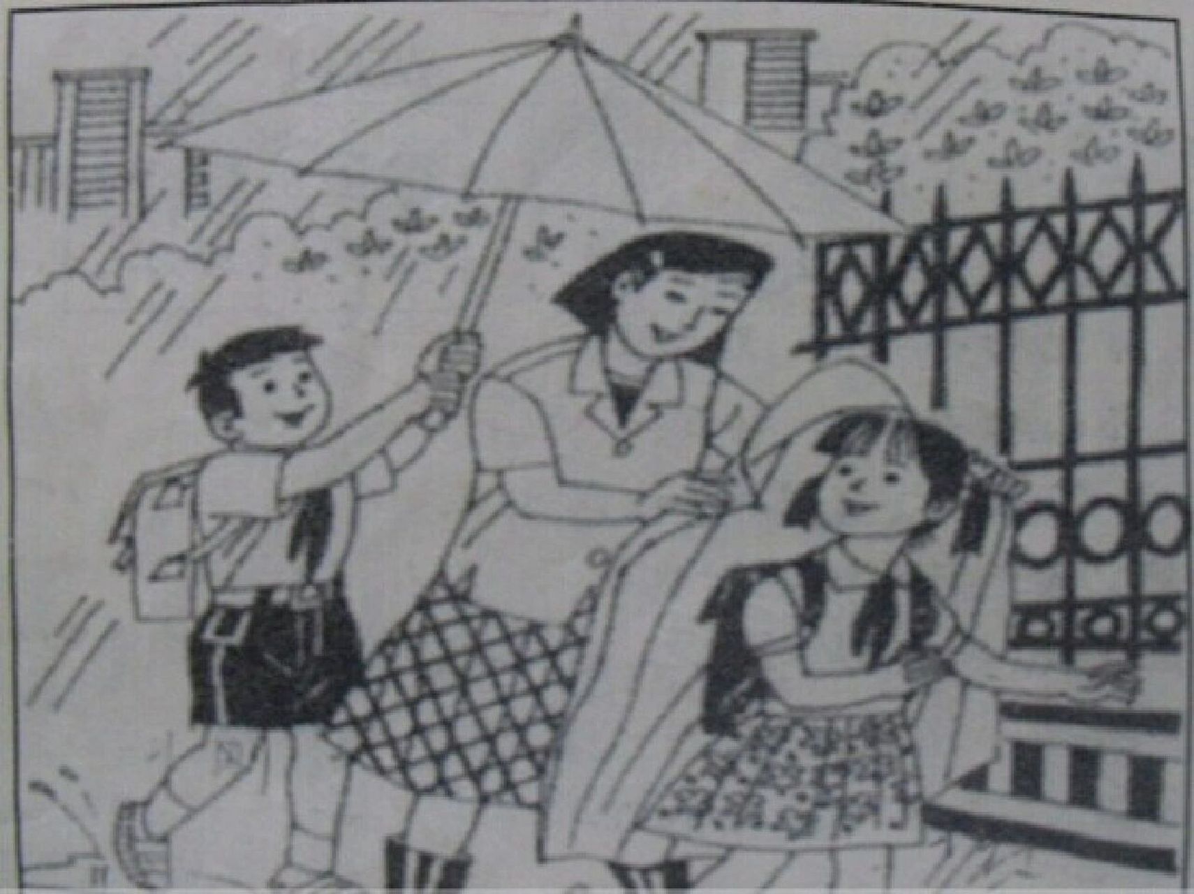 看图写话 雨中情 周五放学后,突然天空忽然暗了下来,不一会儿就下起了