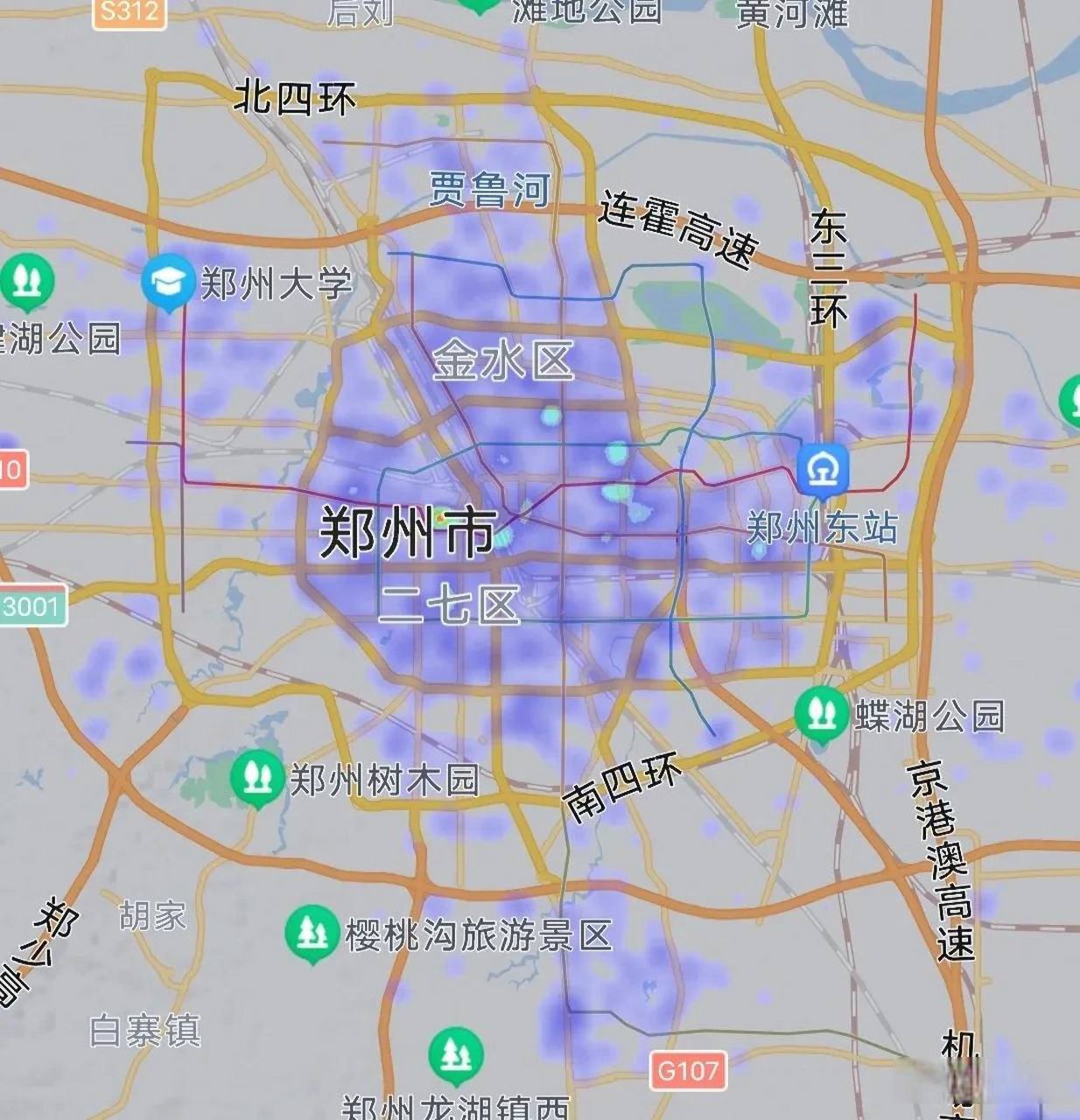第一张图是郑州晚上10点的热力图.第二张是郑州凌晨3点半的热力图.