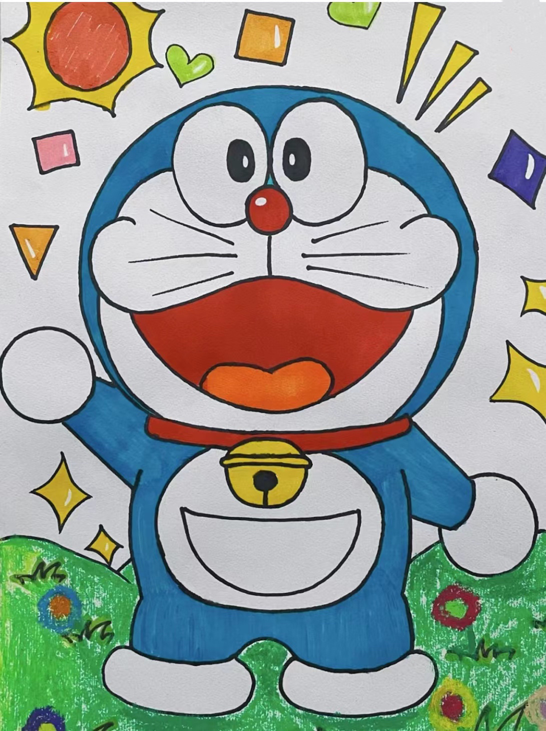 简笔画(哆啦a梦)5—6岁 工具:8k绘画纸,铅笔,勾线笔,马克笔