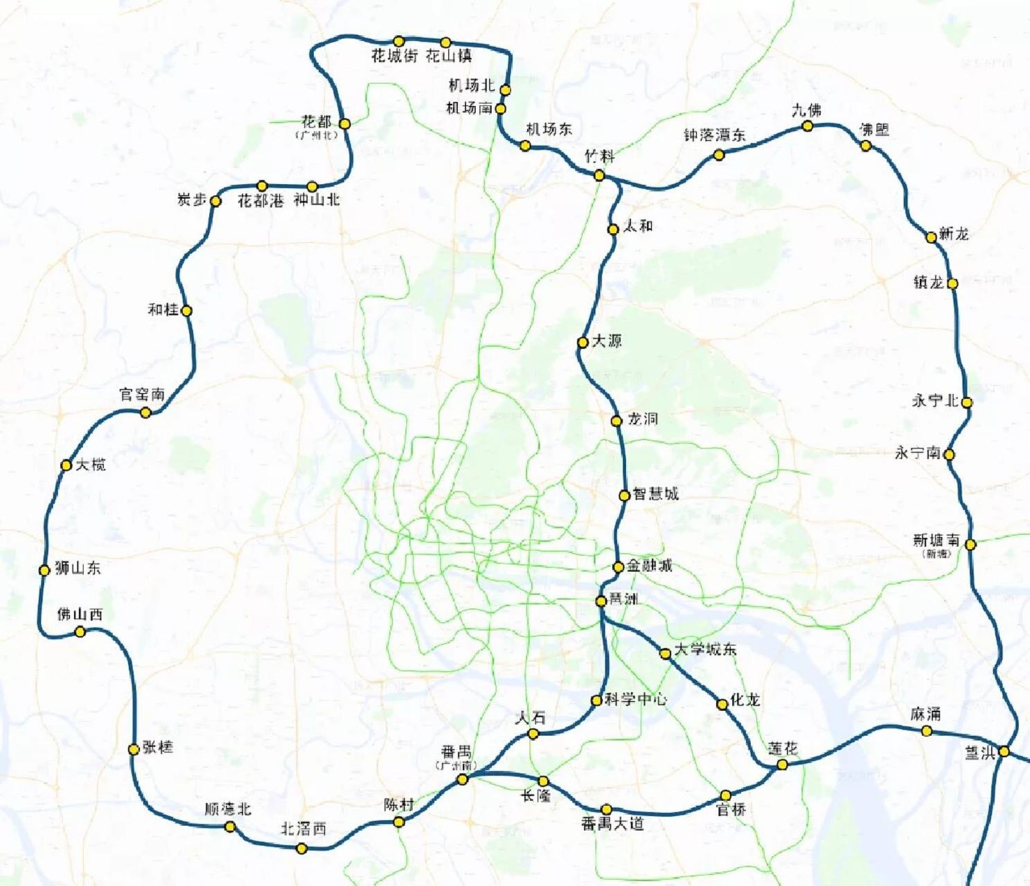 广佛环线经过机场,金融城,智慧城广州南站等各大经济区,还有城轨等在