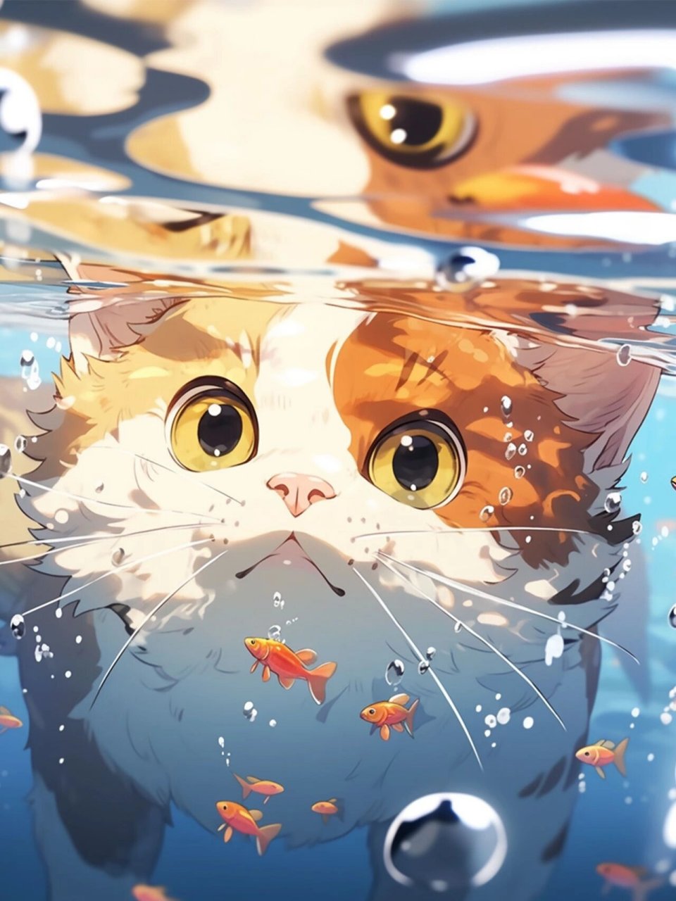 手机壁纸 4k 清凉夏日 小猫咪潜水学成记 小鱼,哇好多小鱼,我捉我捉