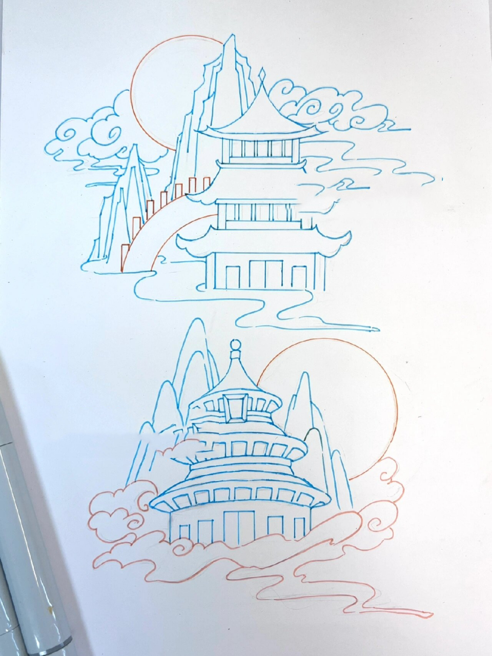 古风建筑简笔画彩色图片