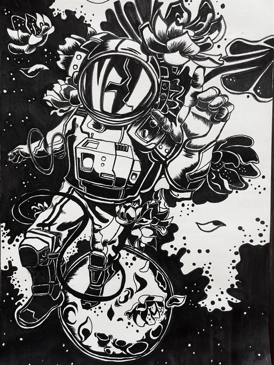 黑白装饰画临摹 宇航员系列手绘 创意手绘 我当然不会试图摘月 我要
