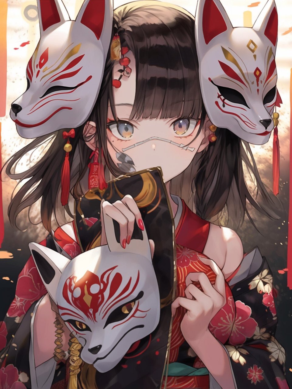 狐妖面具(附咒语) anime girl holding a katame, festive style