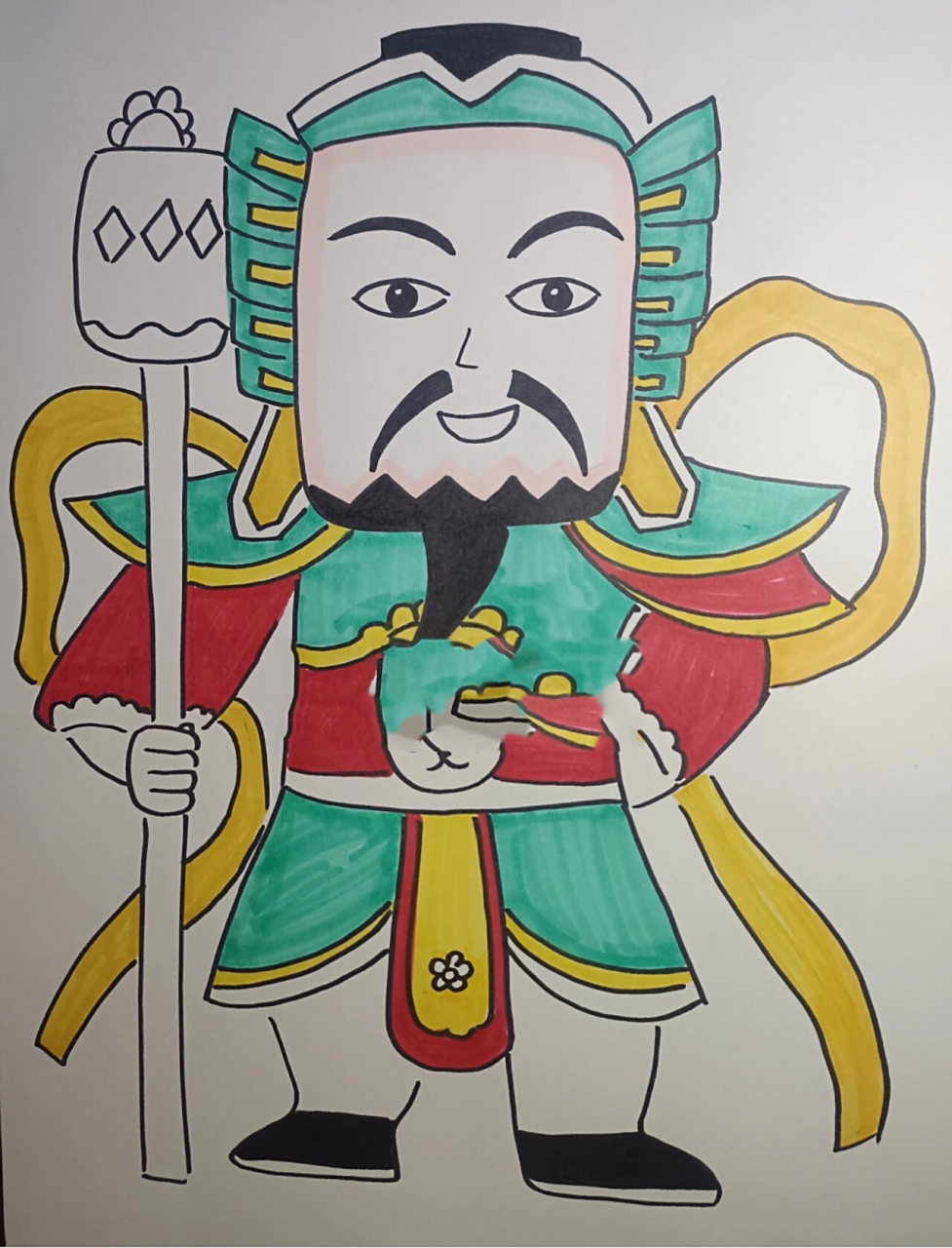 创意美术《新年门神》儿童画 1,工具材料: 马克笔,勾线笔,卡纸 2,适合