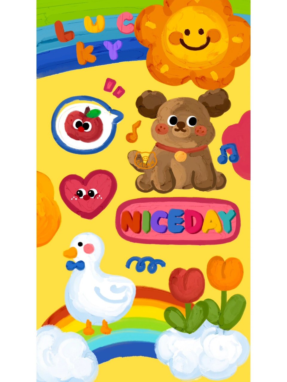 原创壁纸|童趣风彩色油画卡通可爱小狗壁纸 0815今天有画呀 02