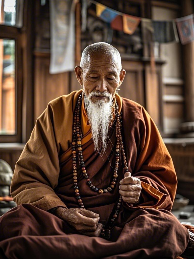 一个老年人,信佛之人,脸上有皱纹有白胡须,身穿和尚服装,颈部佩戴佛珠