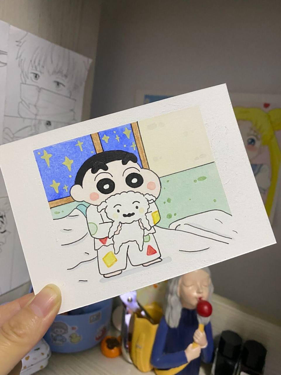 蜡笔小新水彩小画(附线稿哦) 临摹一个睡衣小新#水彩# #画画# #水彩