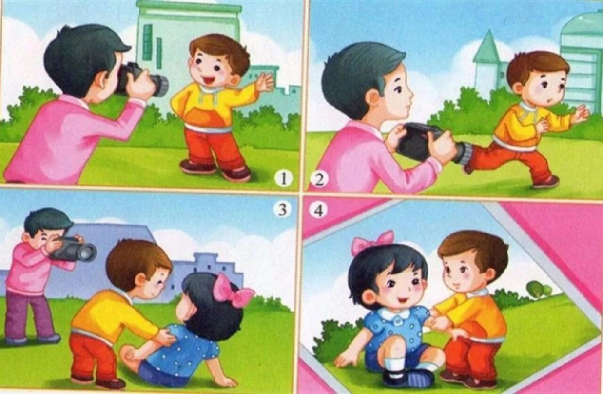 看图写话 最美的照片 一个阳光明媚的早晨,小明和爸爸去公园里玩,爸爸