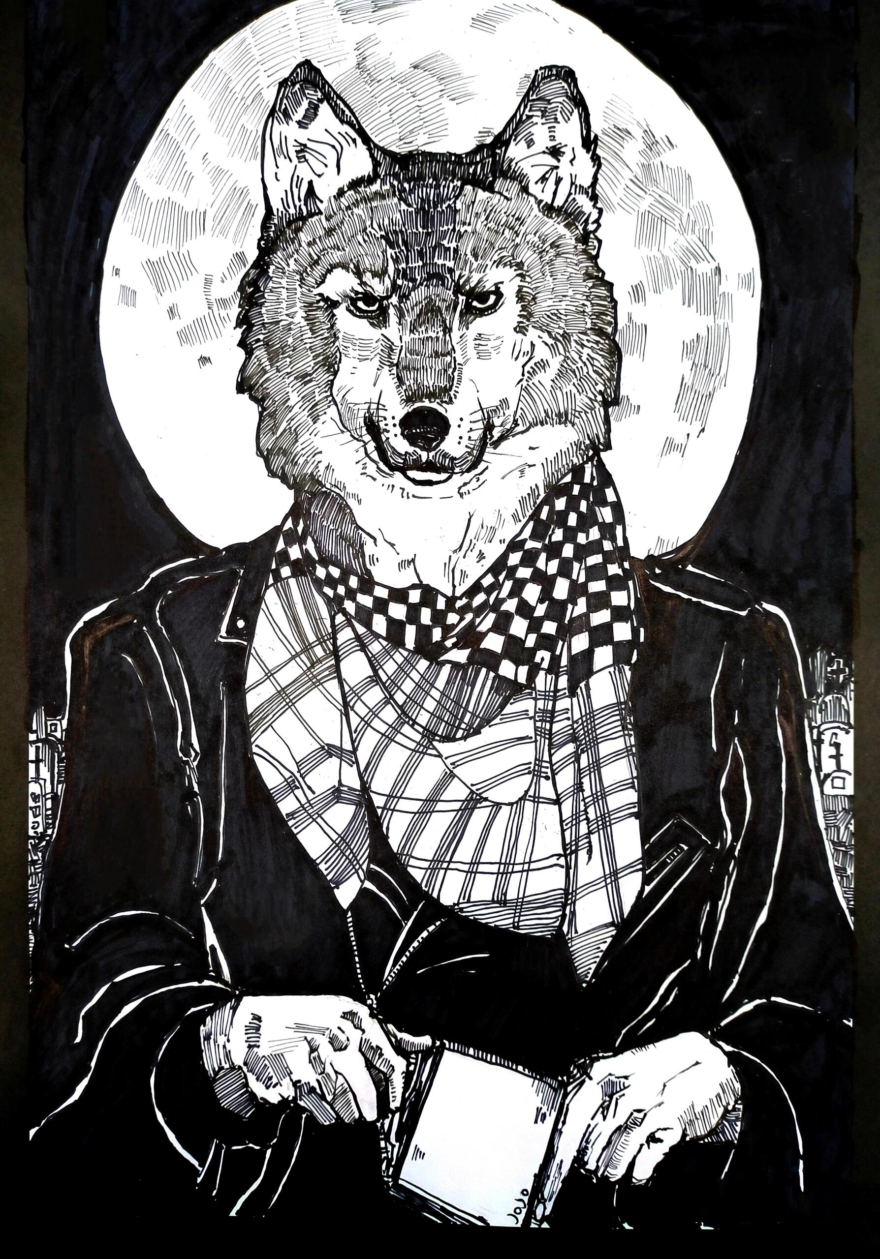 动物拟人狼鹿人线描绘画含线稿分析三年级