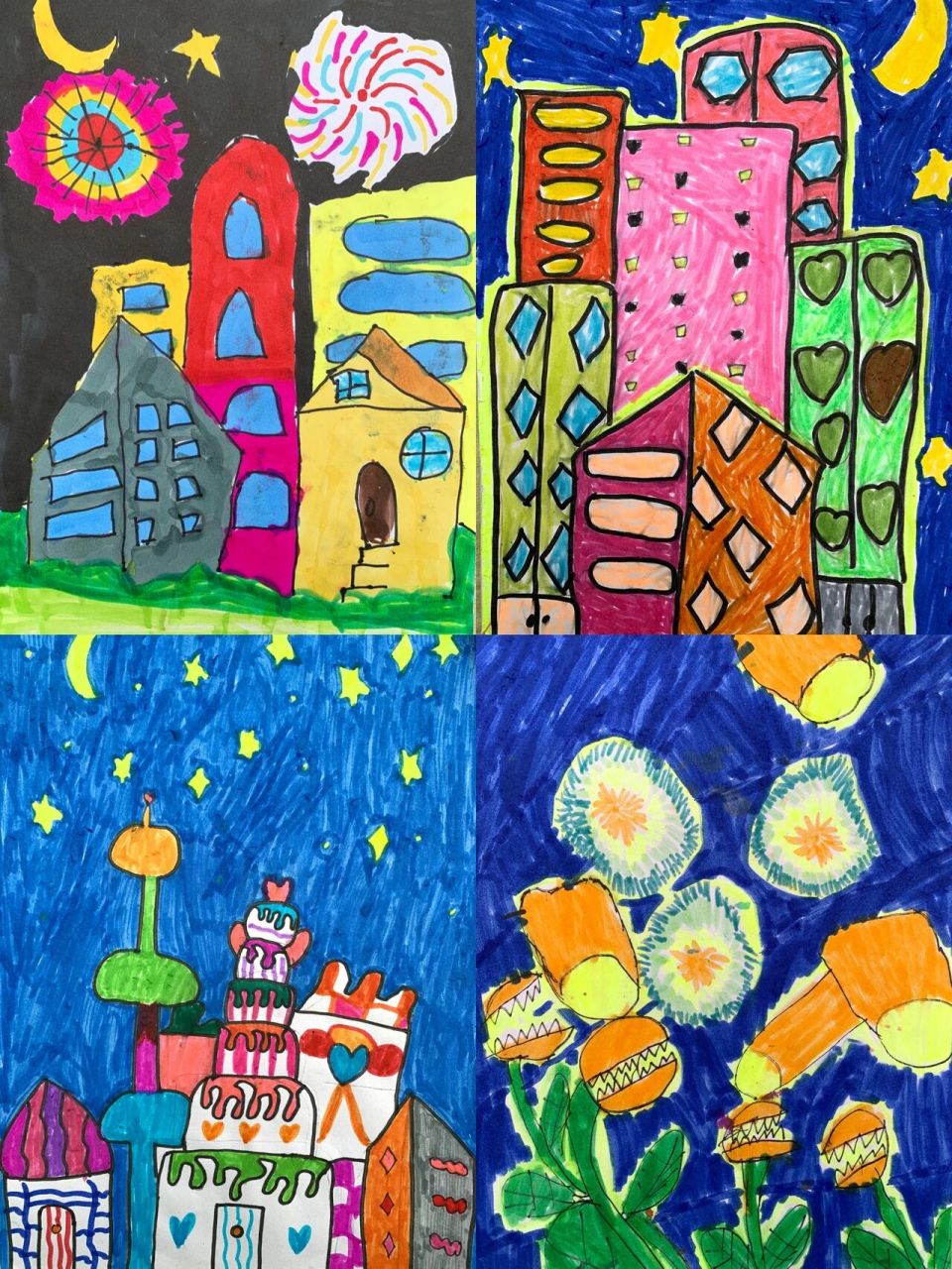 二年级·下册《画夜景》学生作品 96二下比较简单的一节课,让孩子把
