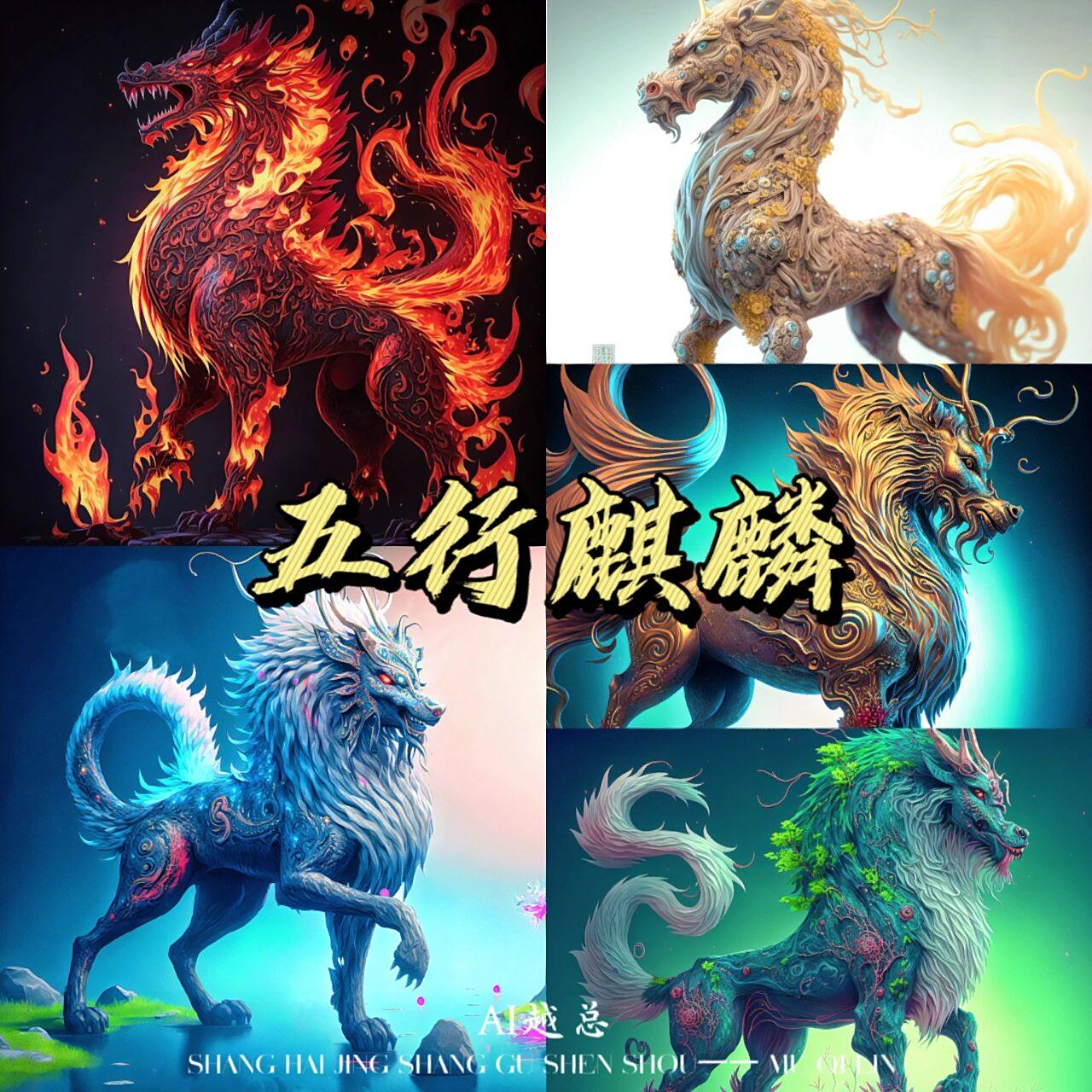 五行麒麟,金木水火土 金麒麟:由于金色寓意光明,尊贵,龙爪又意味着