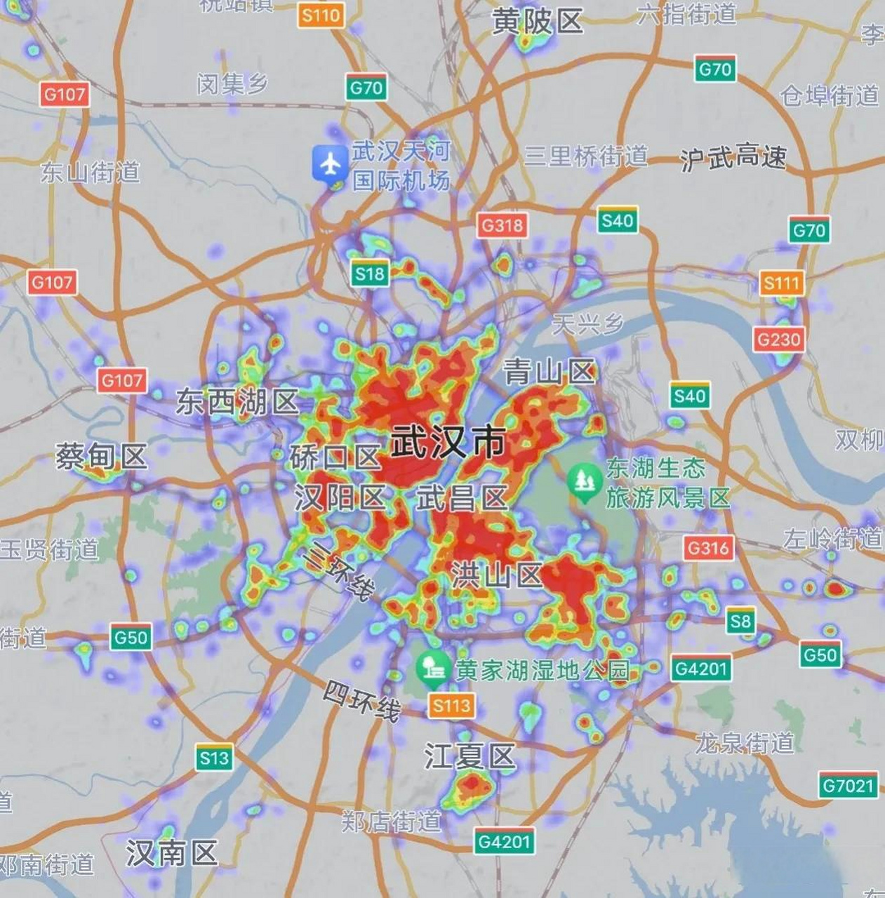 晚上11点武汉,哈尔滨,海口三座城市热力图对比,我们来看看北中南哪里