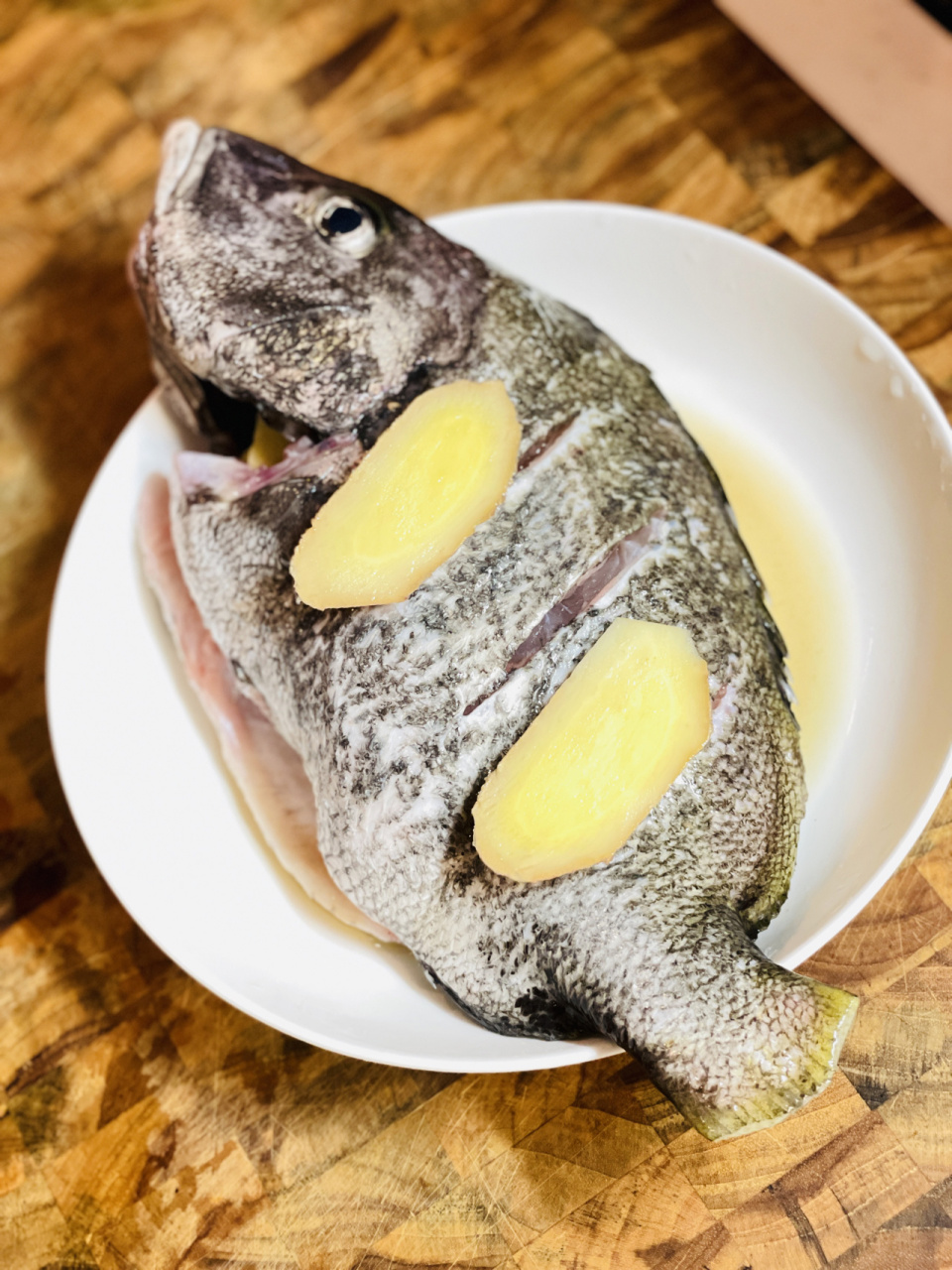 清蒸包公鱼95 备料:鱼收拾干净后在鱼身上划几刀,姜片儿,葱段,葱丝