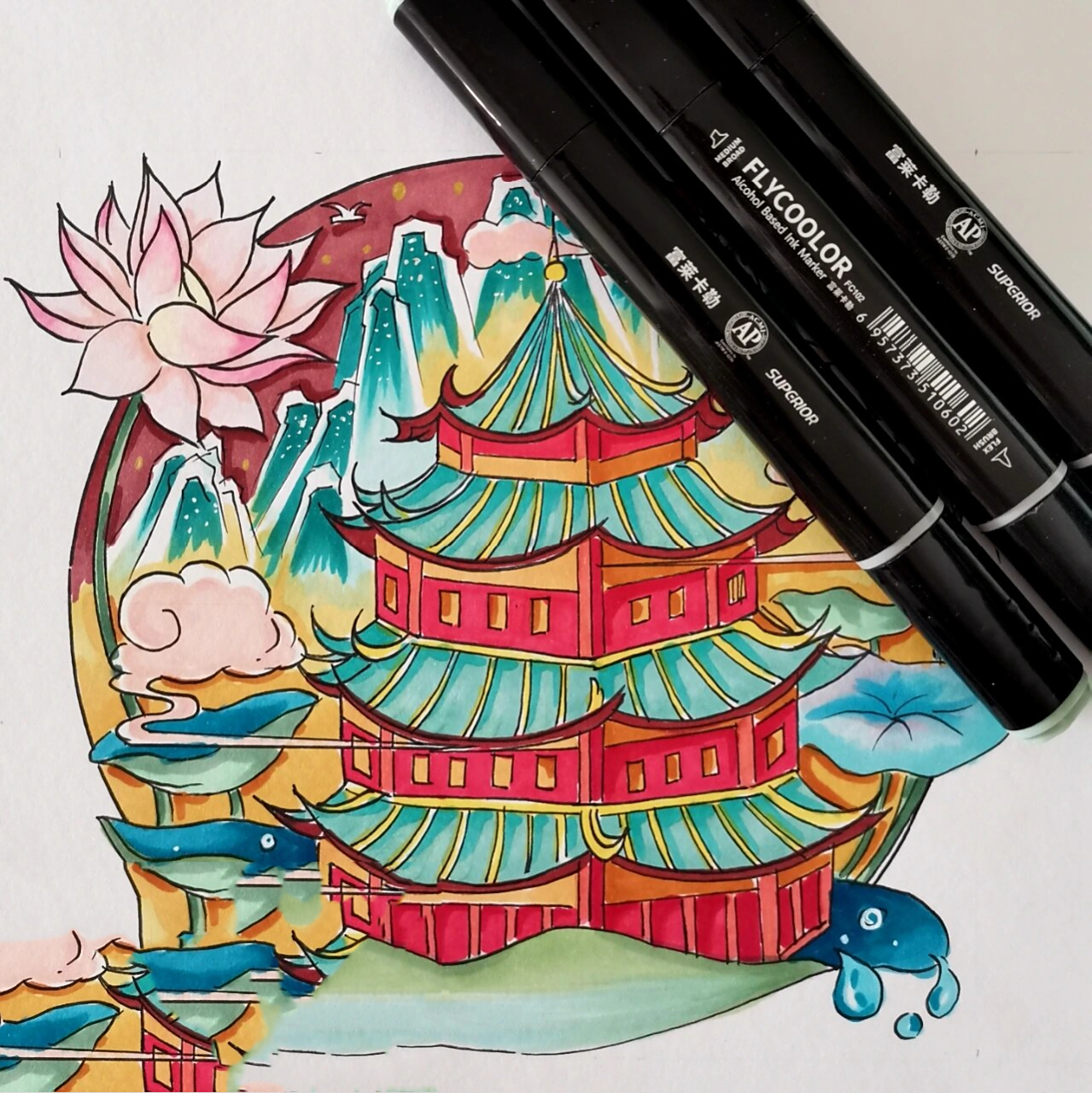 马克笔手绘 古风圆形构图 又一张圆形的小构图练习  莲花荷叶与古建筑