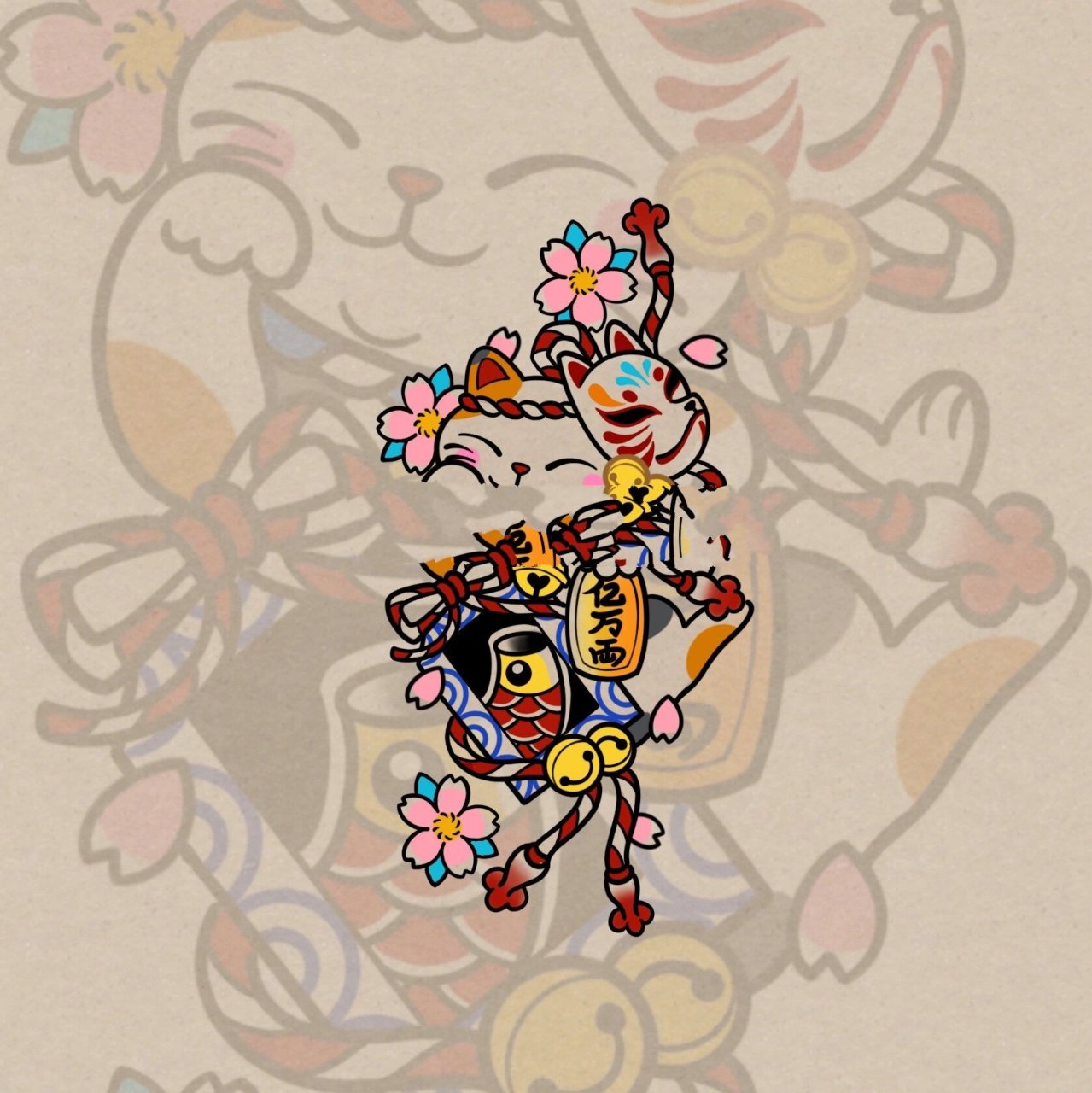 日式纹身手稿|招财猫93御守 客稿勿拿07 小腿位置|日式招财猫