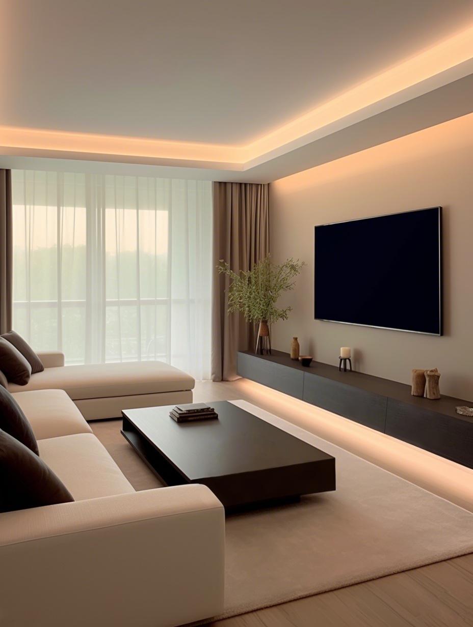 没有复杂造型和装饰 墙面乳胶漆通刷 电视背景简单一组悬空电视柜