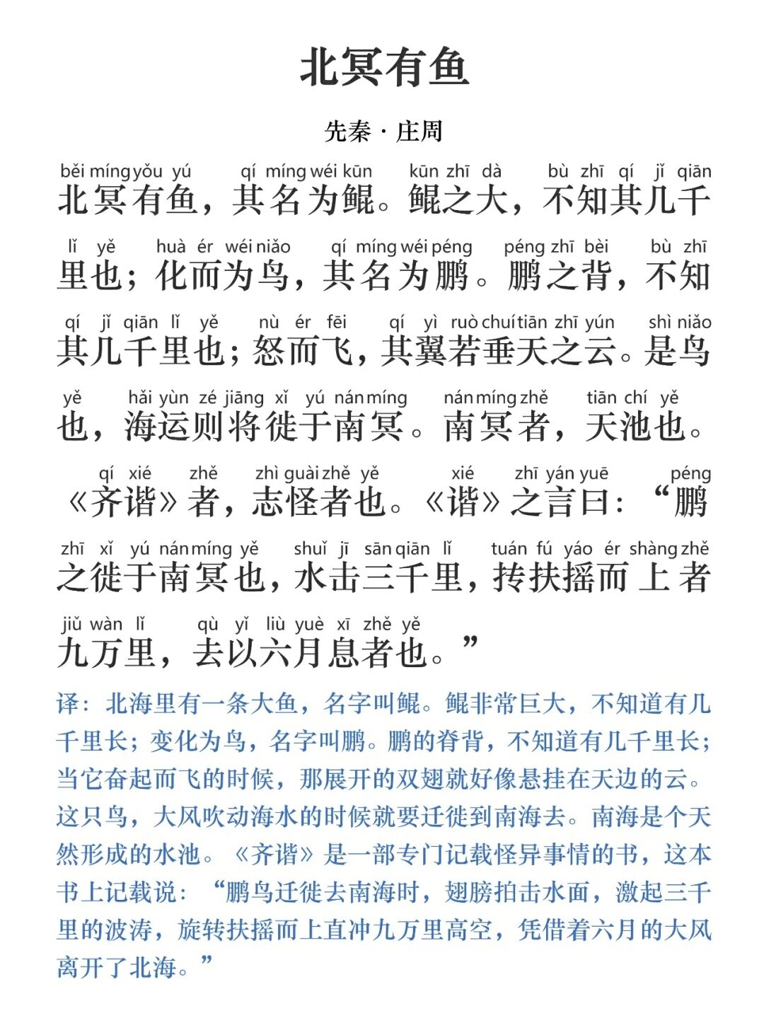 北冥有鱼其名为鲲原文