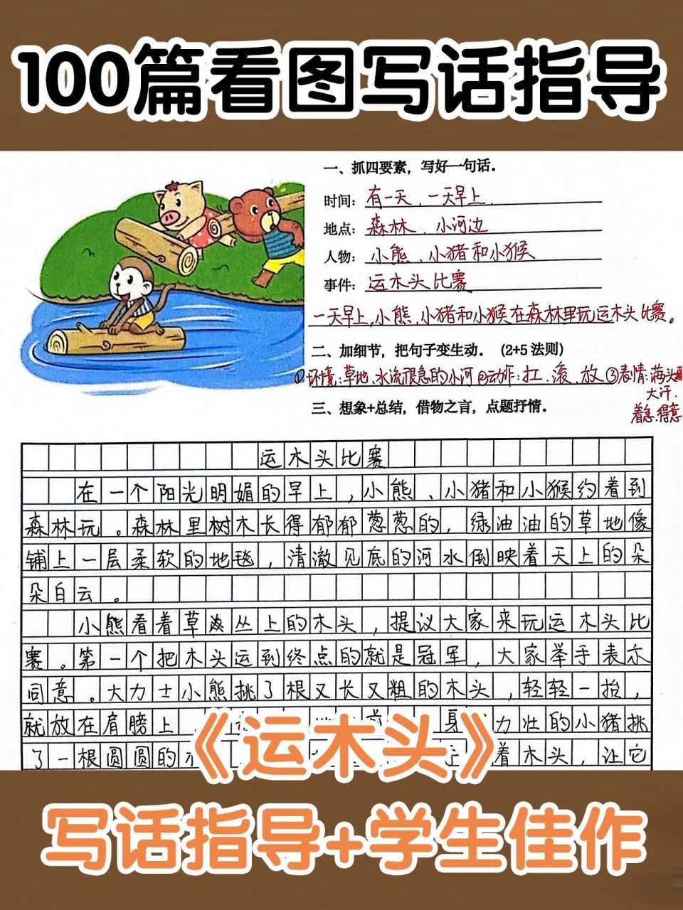 一二年级《运木头》看图写话指导 参考范文 一,抓四要素,写好一句话.