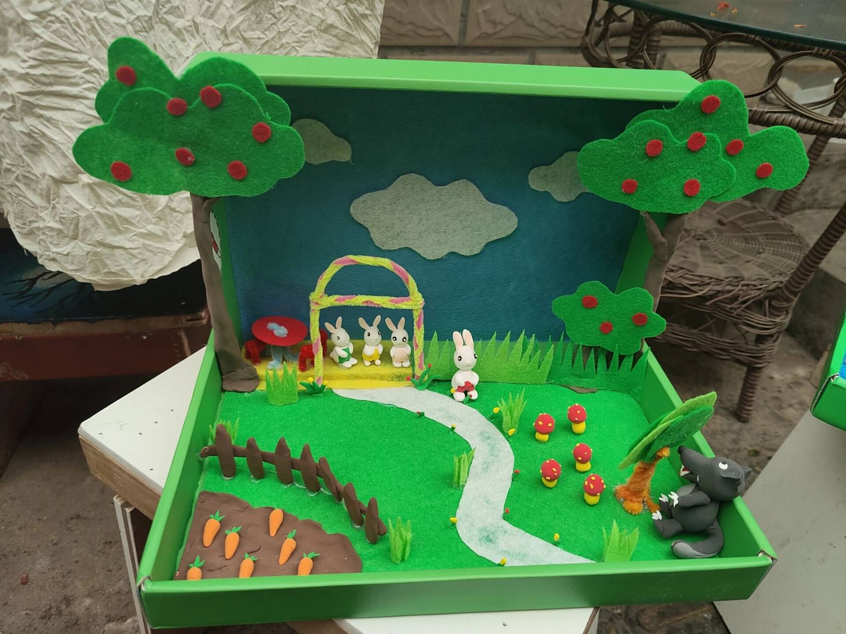 故事盒子   翻到相册里之前做的故事盒子,图一二是《小兔子乖乖》图三