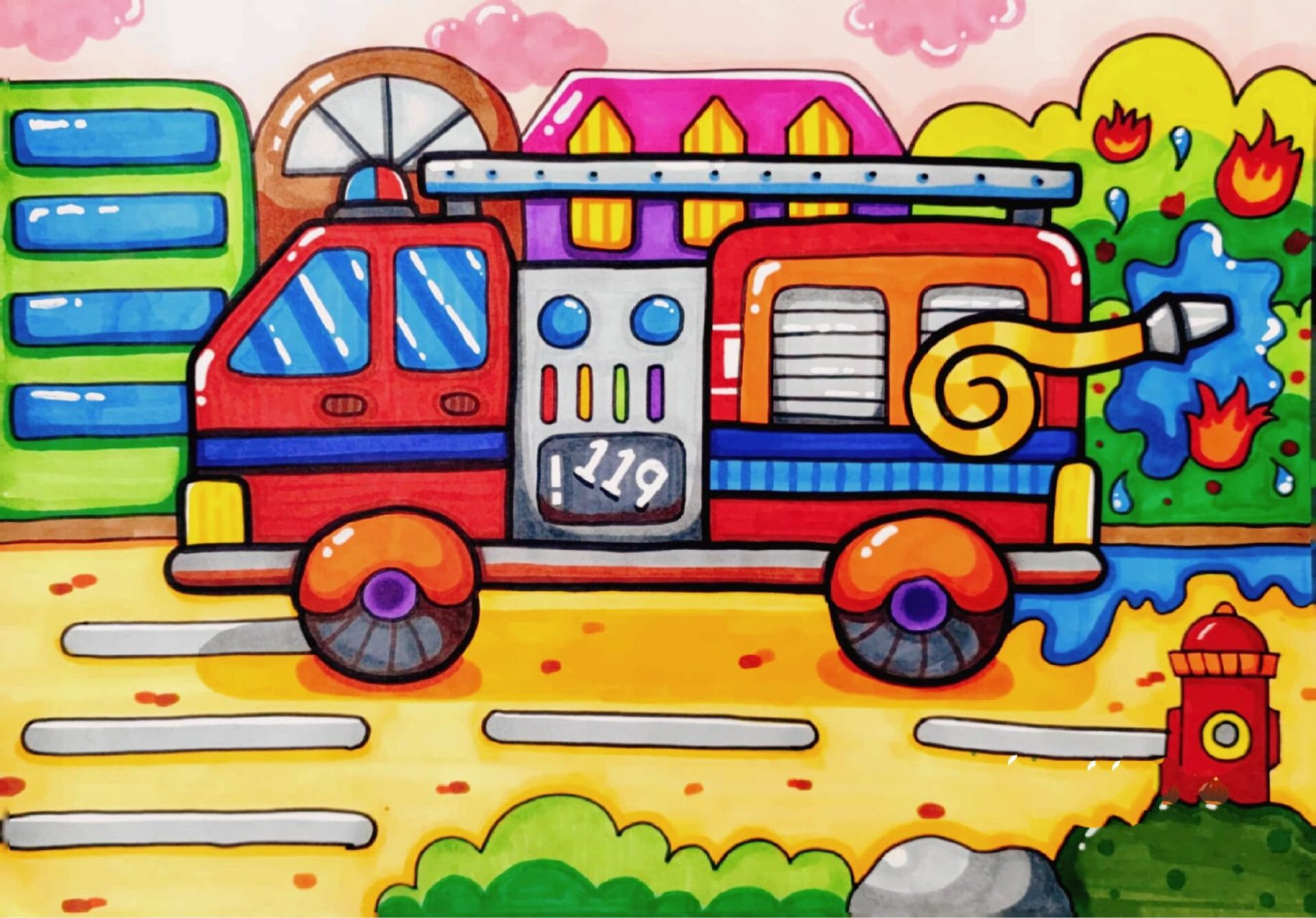 儿童画丨交通工具②《消防车》