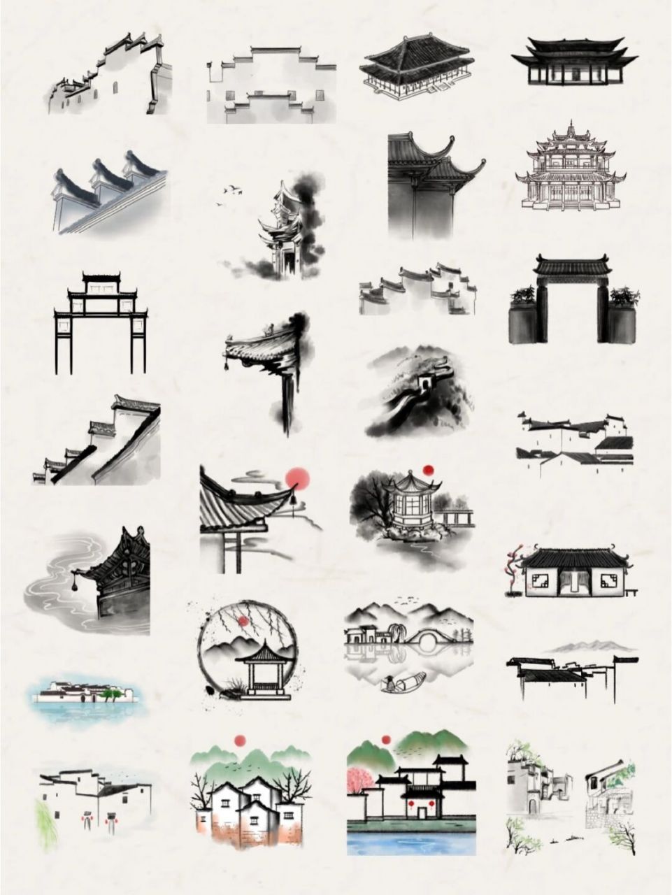 97素材库|古风水墨建筑免抠png手账② 94水墨建筑笔锋浓转淡 94