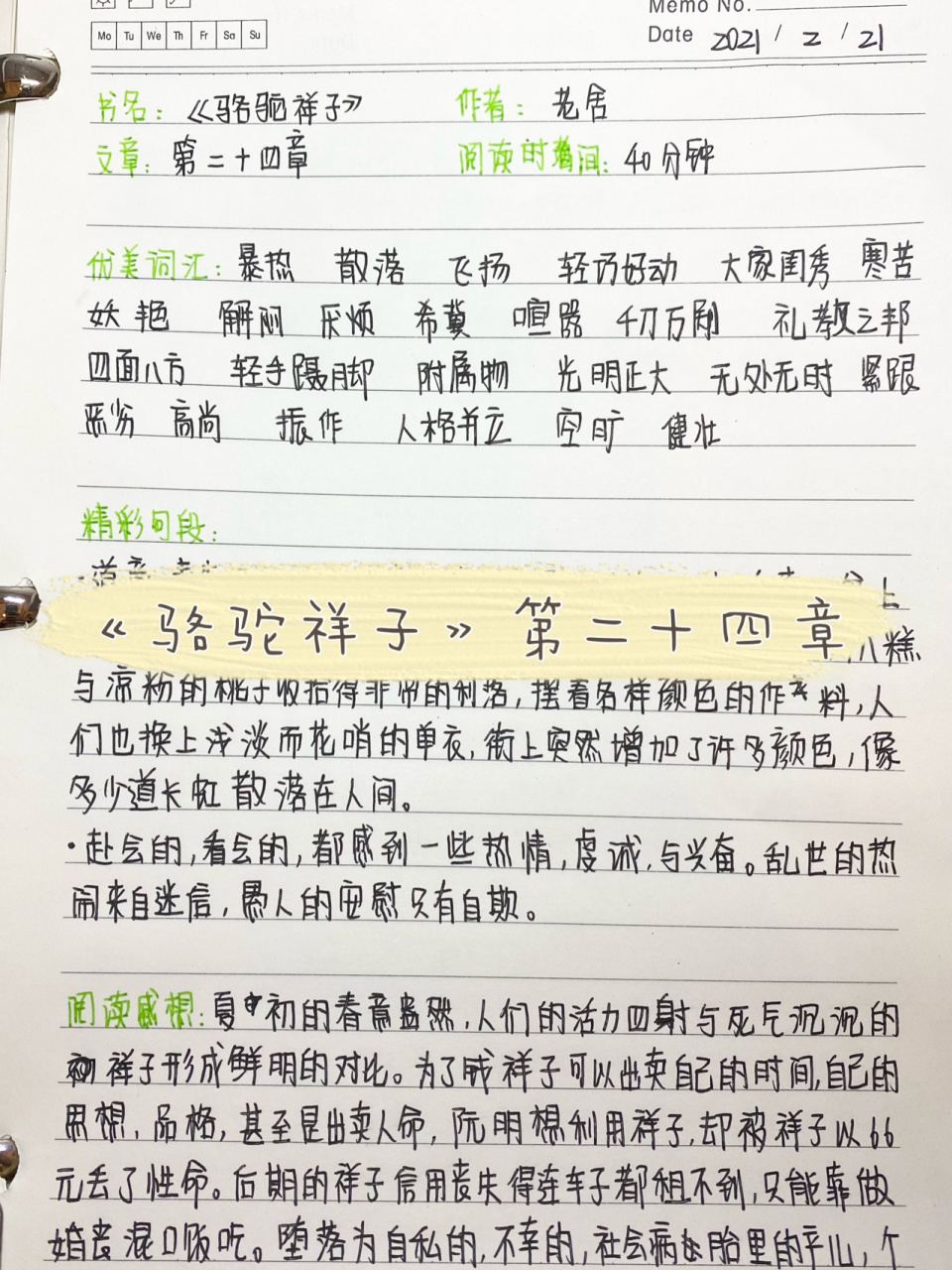 《骆驼祥子》读书笔记第二十四章完结 96本来只想一天看一章,每天
