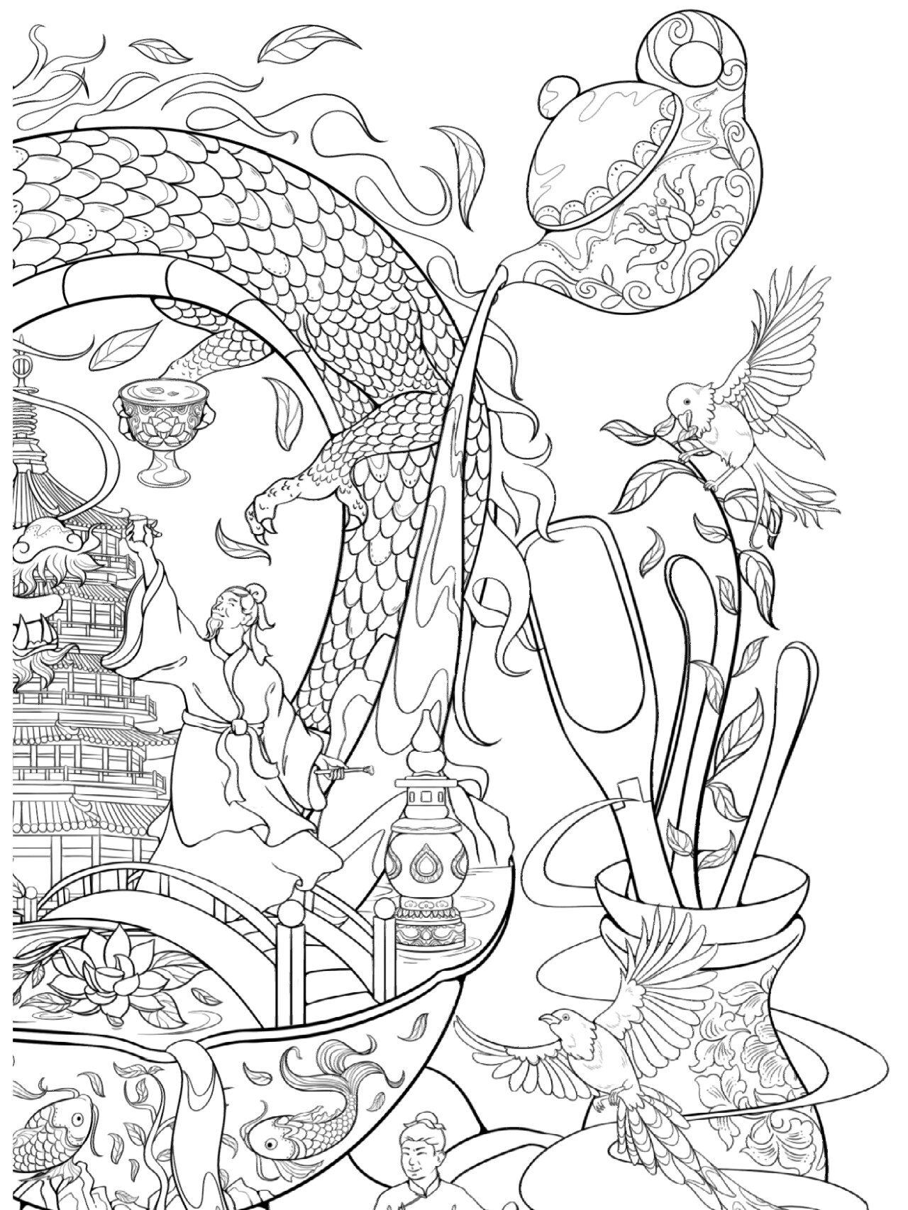 原创国潮插画 | 龙井茶主题 线稿