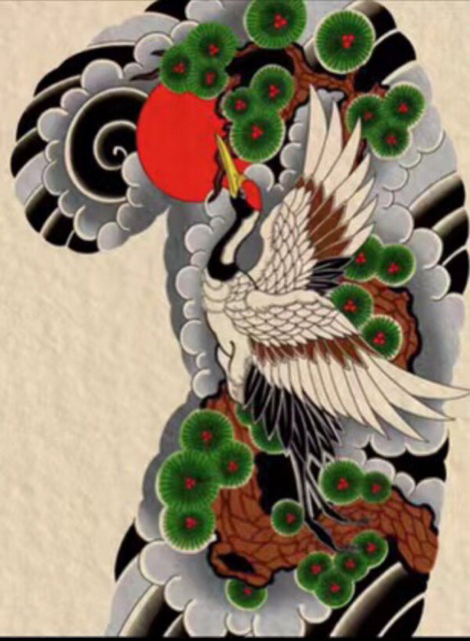 老传统仙鹤半甲纹身手稿分享