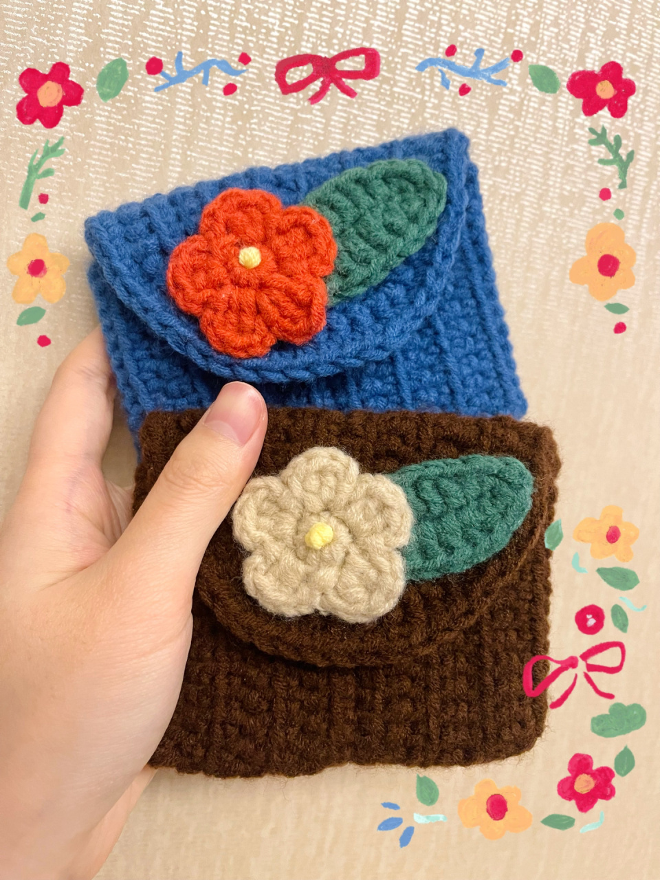 钩针小花复古零钱包 教程来自,起针35针还有小花如果要按教程做双层的